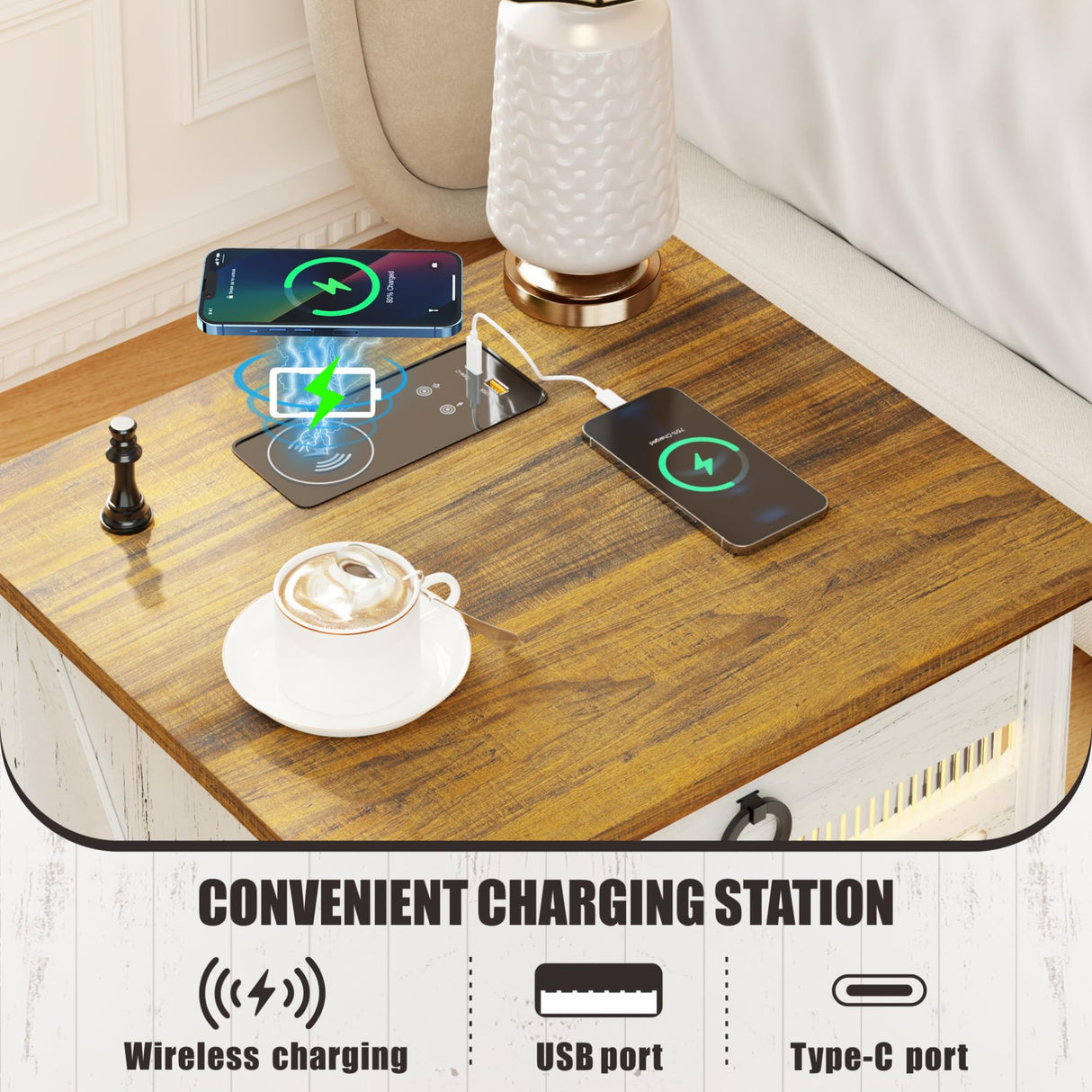 FREDEES Farmhouse Night Stand with Charging Station, Bedside Table with LED Light & Gun Drawer, Nightstands for Bedroom Living Room, End Table Antique White FREDEES