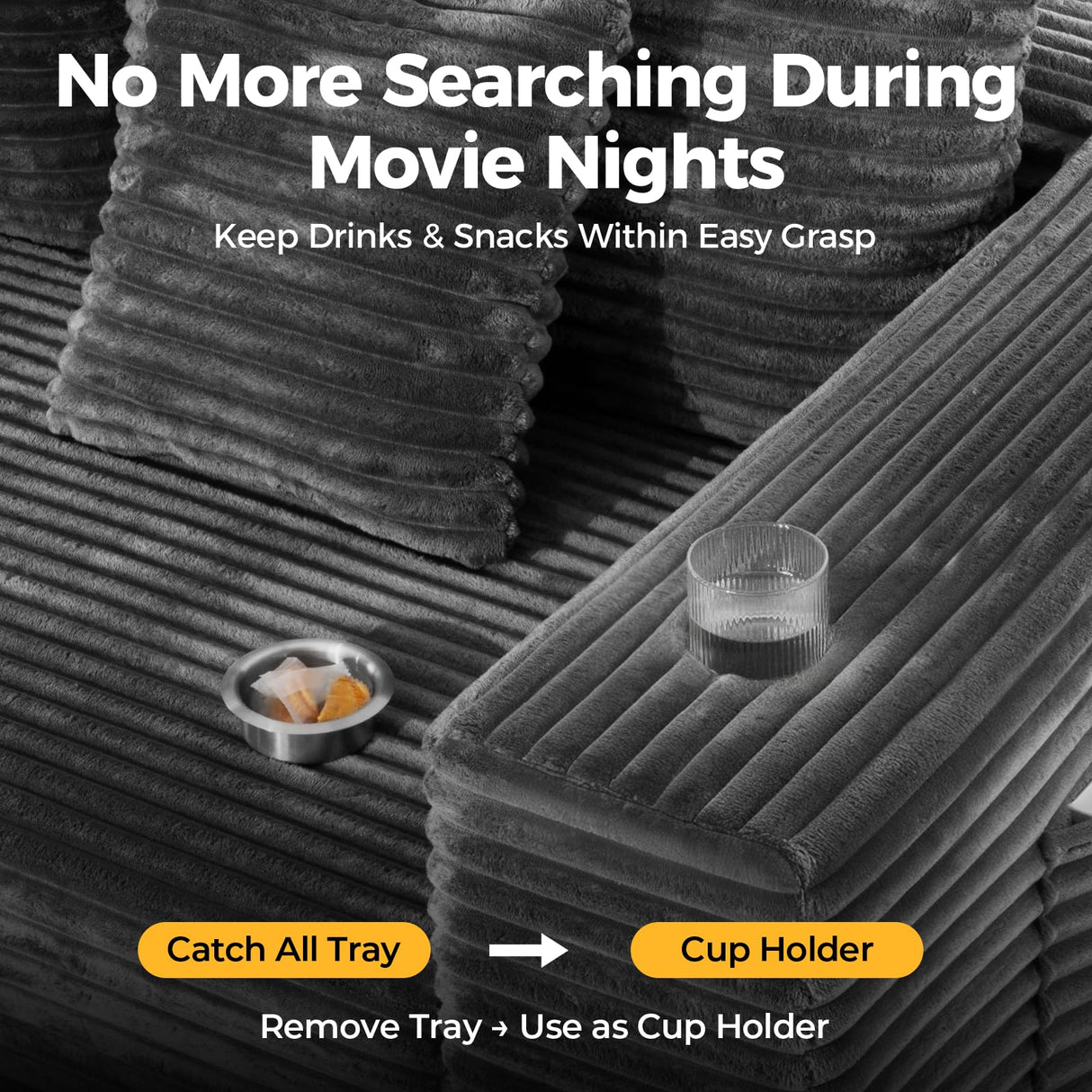 CAMMOO 108” Cloud Sectional Couch in One Box, Compressed Modern Modular Sectional Sofa with Deep Seat, Corduroy Boneless Couches with Chaise, L-Shaped Sofa for Living Room, 4 Storage Pockets(Grey) CAMMOO