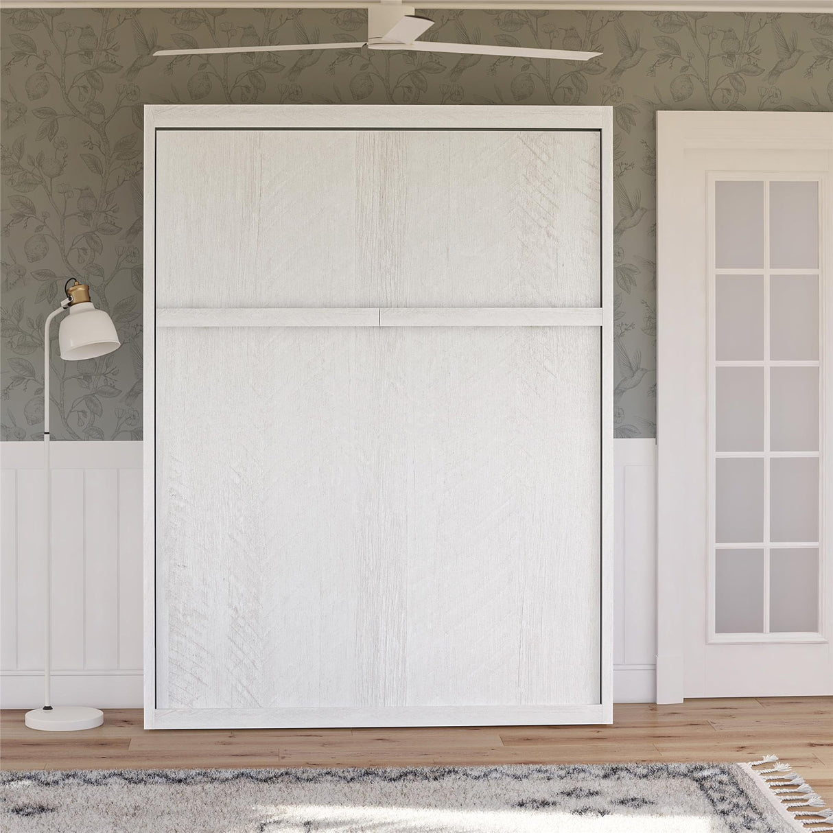 REALROOMS Halstead Queen Size Wood Murphy Bed Fold-Out Multi-Functional Storage Wall Bed Multi-Purpose Space-Saving Bedframe for Guest Room or Bedroom, Ivory Oak REALROOMS