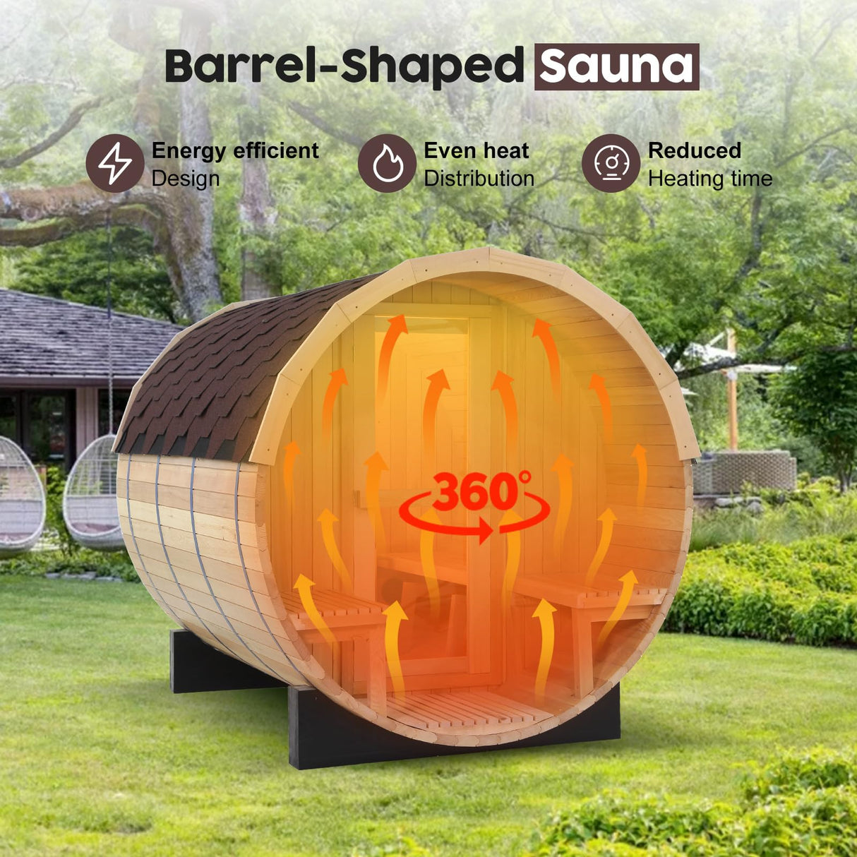 ZONEMEL Indoor and Outdoor Barrel Sauna Room with Porch, Asphalt Shingle Roof, Canadian Hemlock Wood Steam Sauna with 6KW Harvia Heater, Tempered Glass, Mostly for 6 People Sauna Bath ZONEMEL