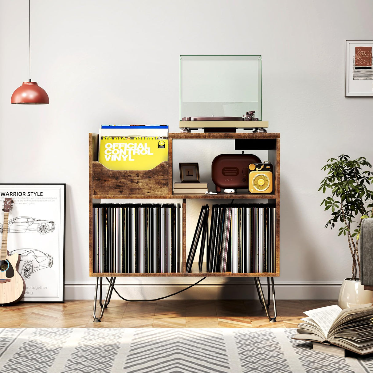 TC-HOMENY Record Player Stand with Vibration-Isolated Turntable Design, Vinyl Record Storage Table with Charging Station, Mid-Century Modern Turntable Stand TC-HOMENY