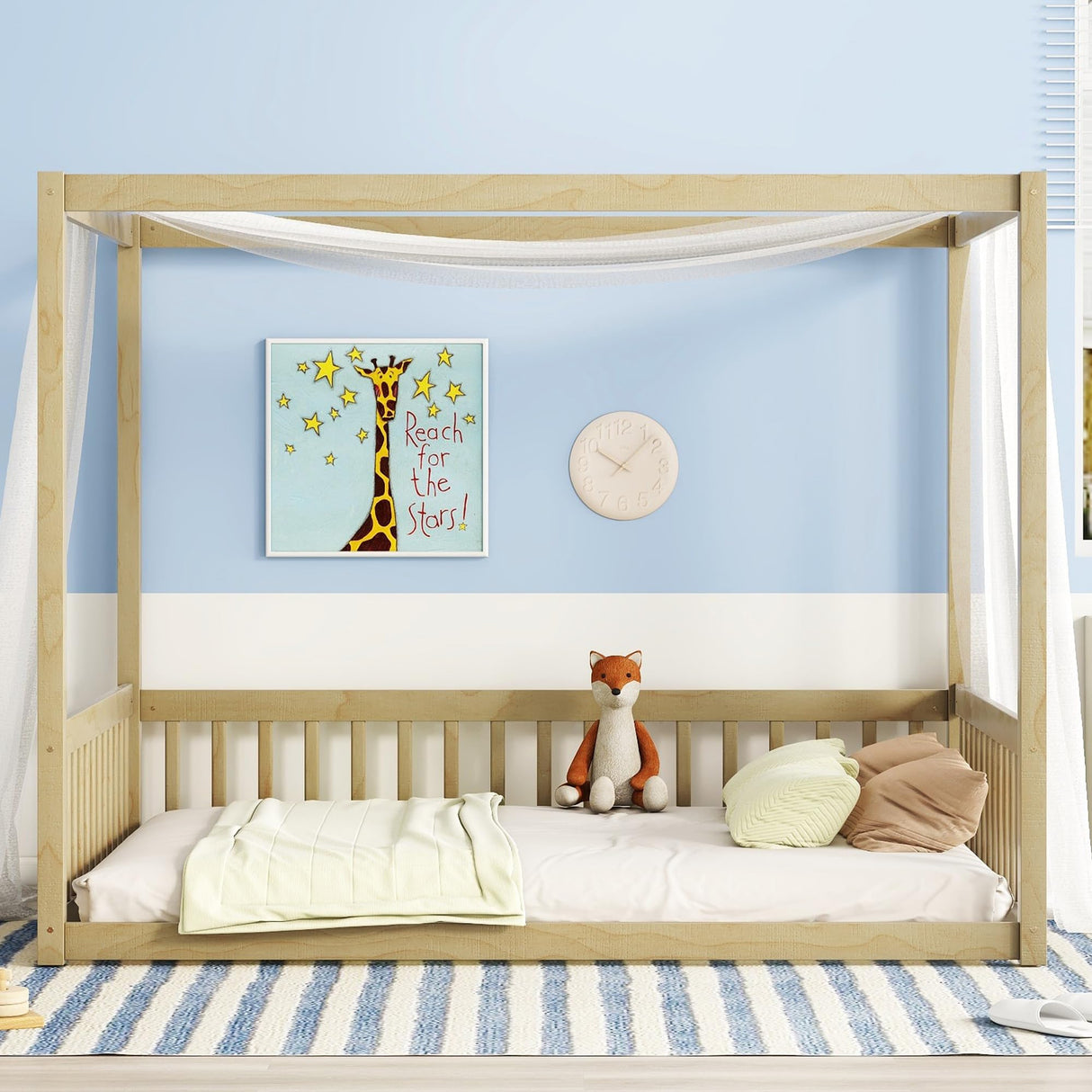 jurmiture Natural Wood Full Size Canopy Floor Bed with Guardrails for Kids jurmiture