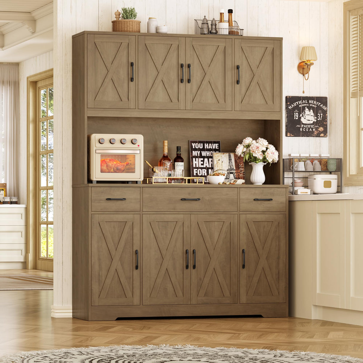 HOSTACK 71" Tall Kitchen Pantry Storage Cabinet with Charging Station, 55" Wide Kitchen Hutch Cabinet with Large Countertop, Farmhouse Food Pantry with Drawers for Living Room (Rustic Brown) HOSTACK