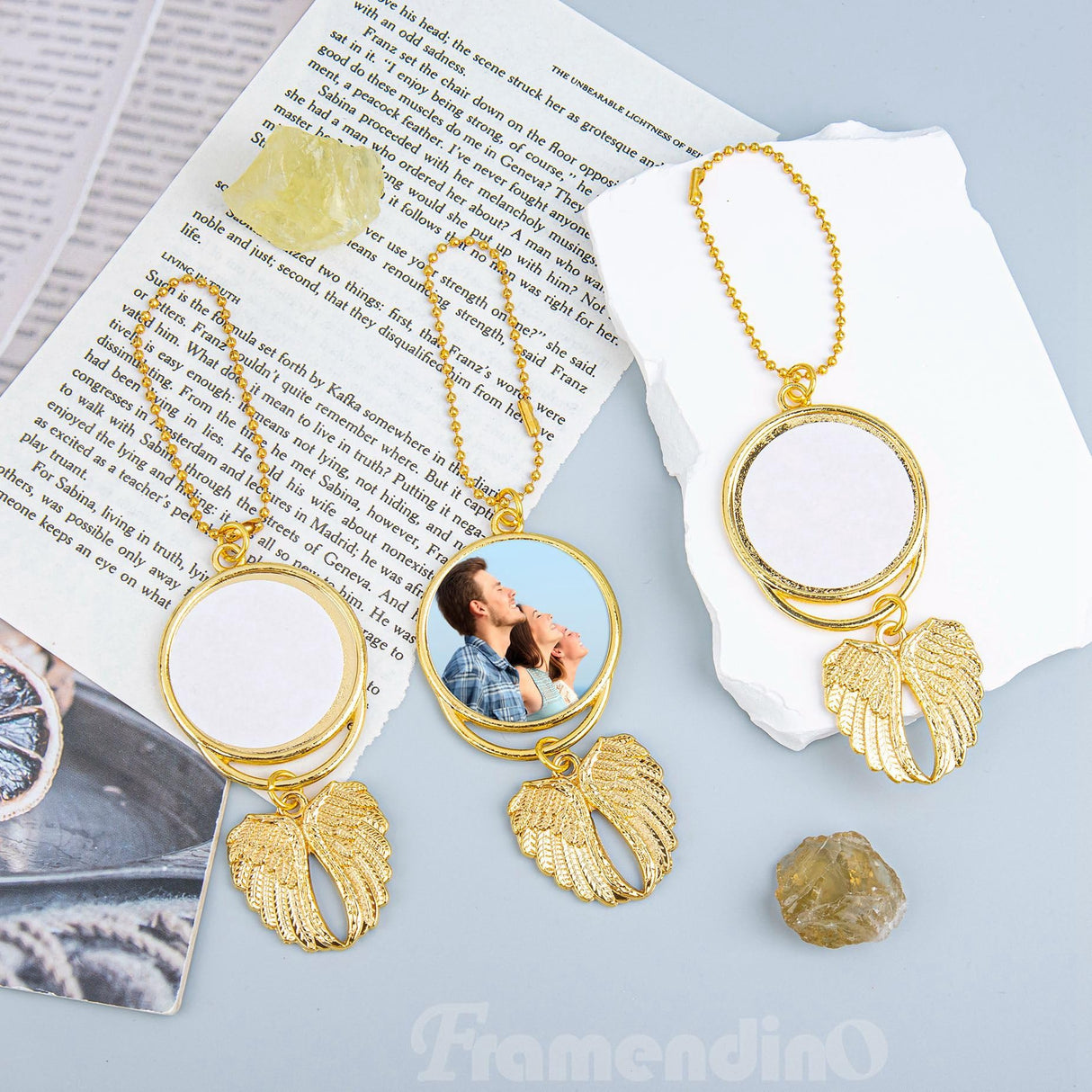 Framendino, 5 Pack Gold Angel Wing Pendant Car Hanging Ornament with Sublimation Blank Heat Transfer Photo for DIY Crafting Framendino