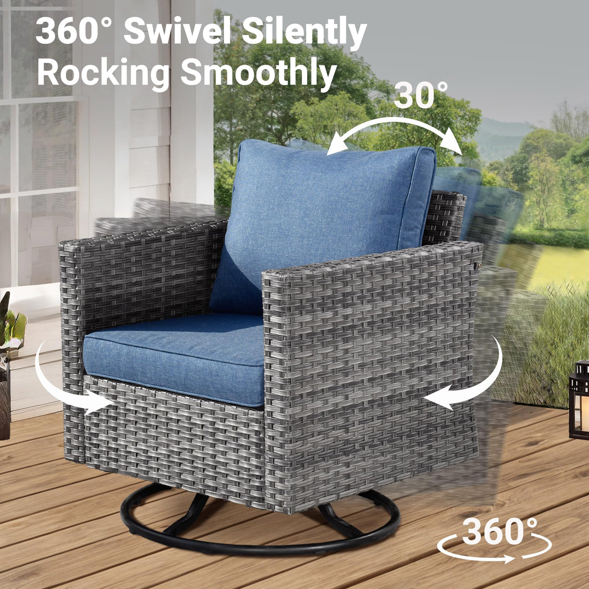 ovios Patio Furniture Set, 10 Piece Outdoor Wicker Sofa with Swivel Rocking Chairs and Comfy Cushions, High Back Rattan Couch Conversation Set, Denim Blue ovios