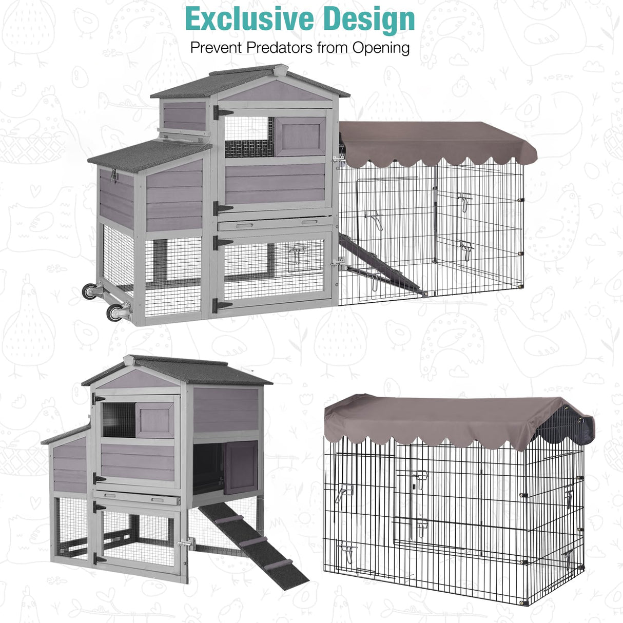 SUUMERPETY Chicken Coop Outdoor,Wooden Chicken House with Metal Chicken Run,Mobile Hen House with Nesting Box,Outdoor Poultry Cage for Yard Farm Use Suumerpety