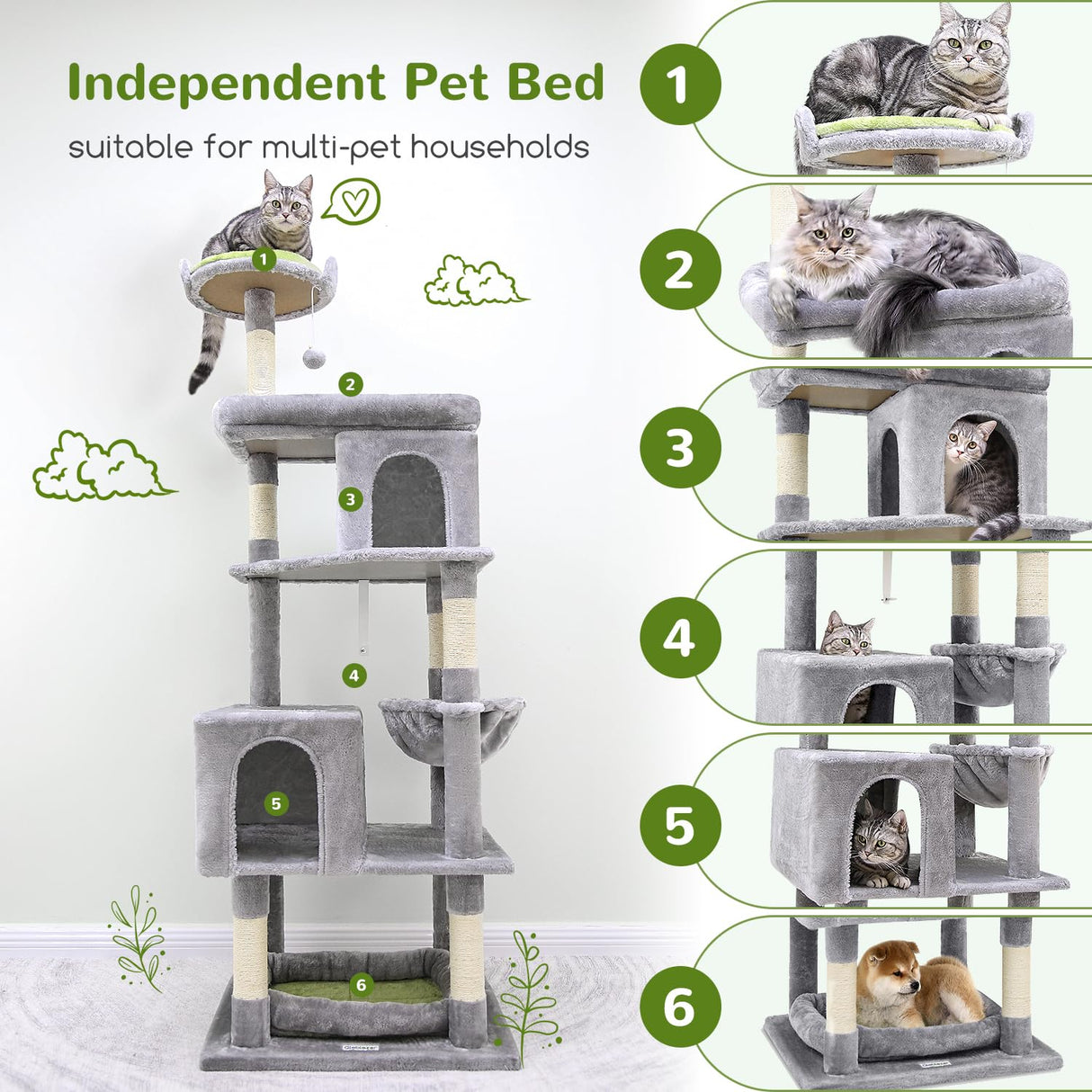 Globlazer S72 Heavy Duty Cat Trees for Large Cats, Sturdy 72in Maine Coon Cat Tree for Large Cats 20 lbs+ Heavy Duty Cat Tower for Adult Biggest Cats with 6 Scratching Posts, Hammock, Light Grey Globlazer