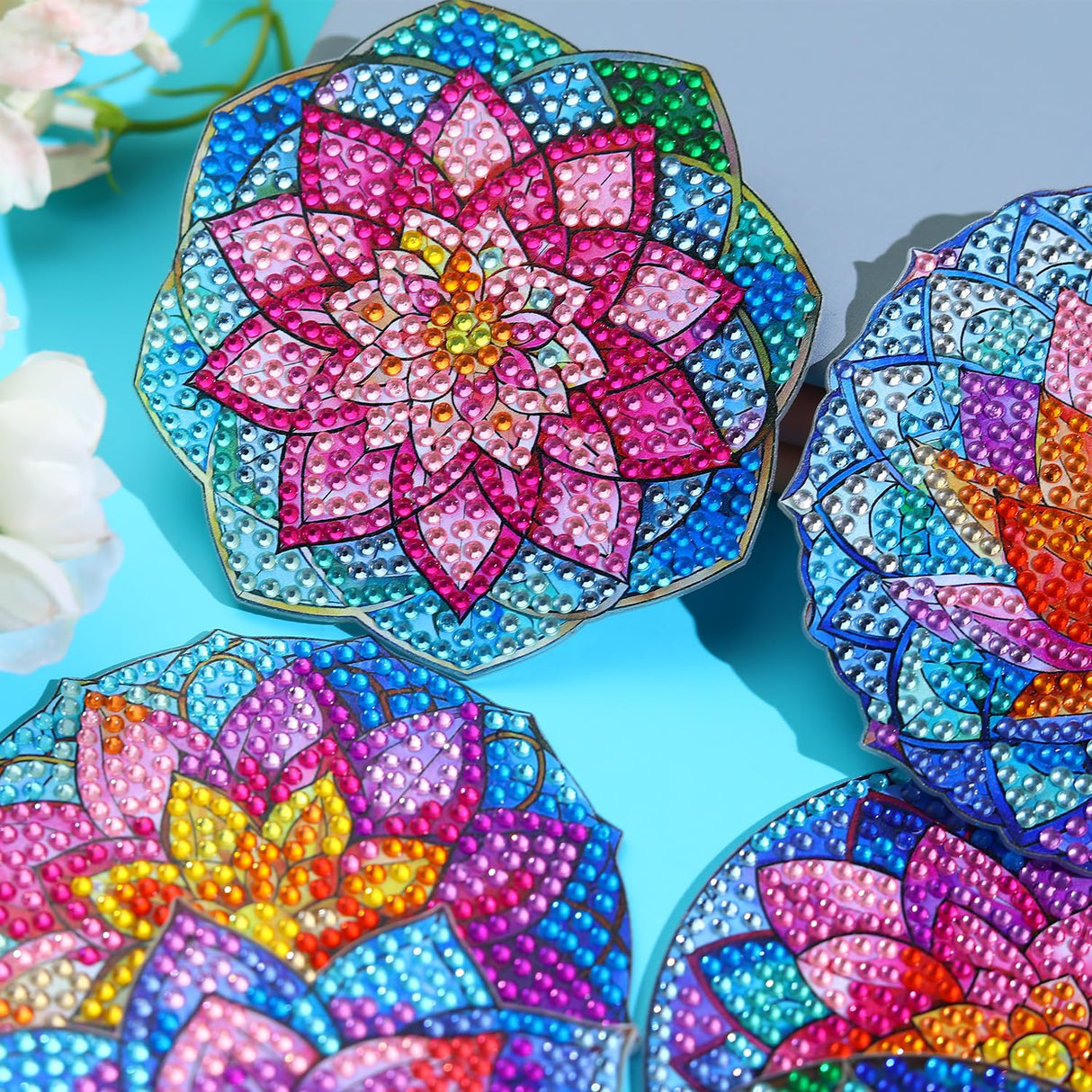 8 PCS Lotus Diamond Art Coasters Kits, Diamond Painting Coasters with Holder Set of 8, DIY Drink Coasters Art Crafts Supplies for Adults Cup Mat for Home Decor House Warming Gifts Non-Slip 3.9inch FOXKISS
