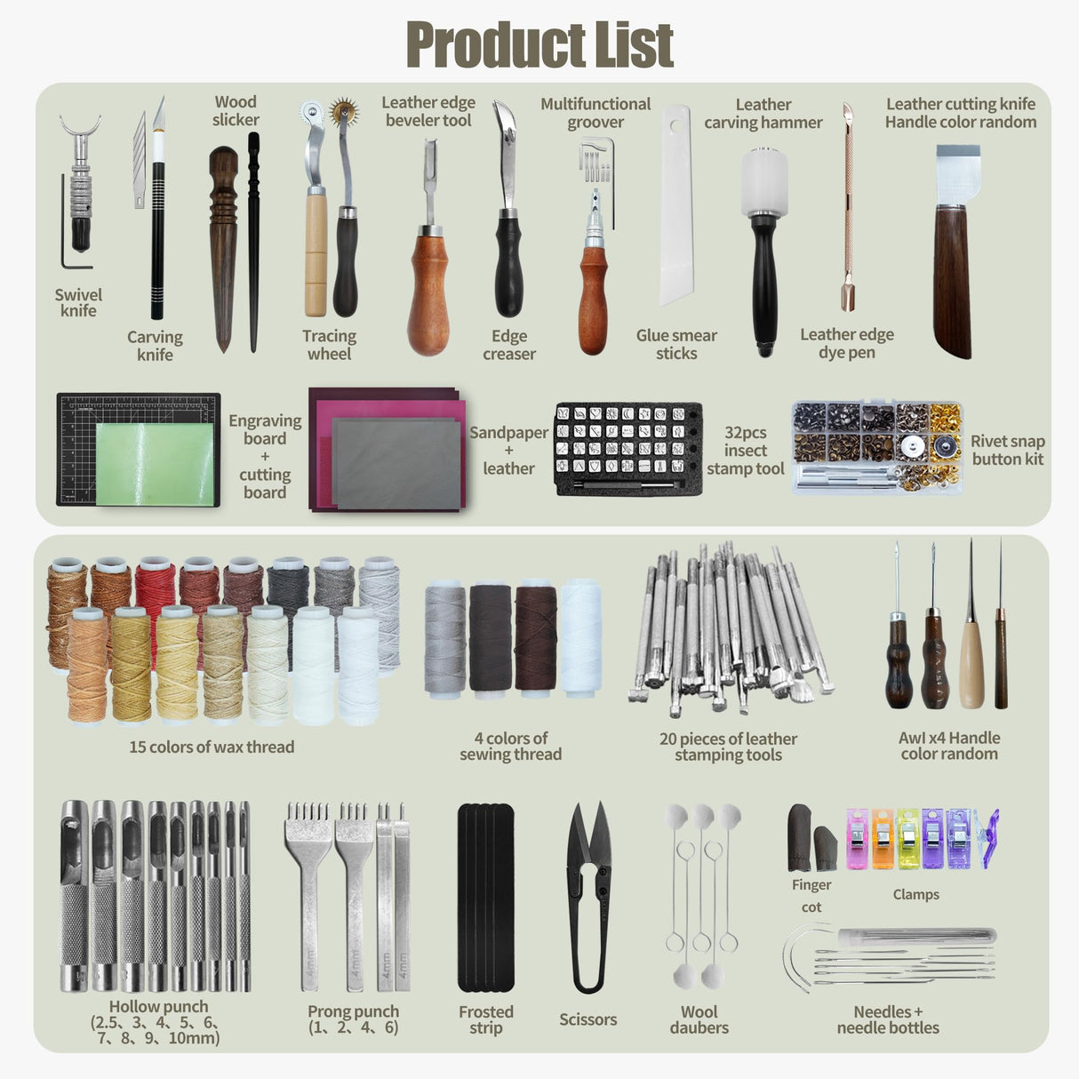 ESMING Leather Tooling Kit Craft Tools Leather Working Kit with Cutting Mats Crafts Enthusiast Professional Tool Set Custom Handbag Engraving Punching Sewing Stamping Sanding Tools ESMING