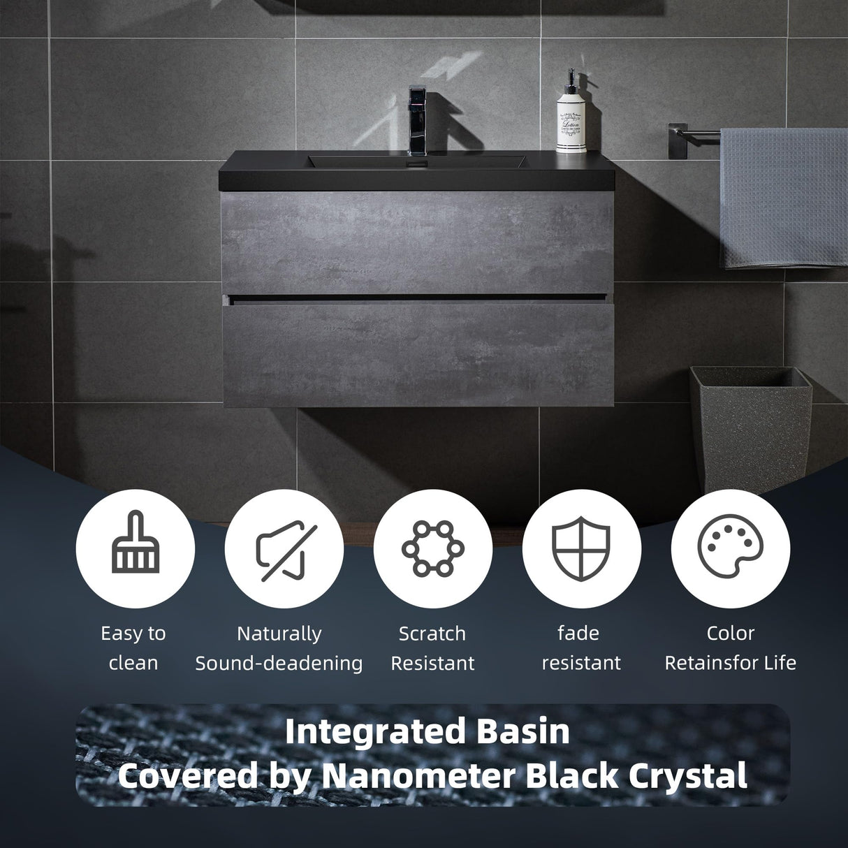 WOODBRIDGE 36 in. W x 19 in. D Wall Mounted Floating Bathroom Vanity in Gray with Quartz Sand Composite Vanity Top in Matte Black WOODBRIDGE