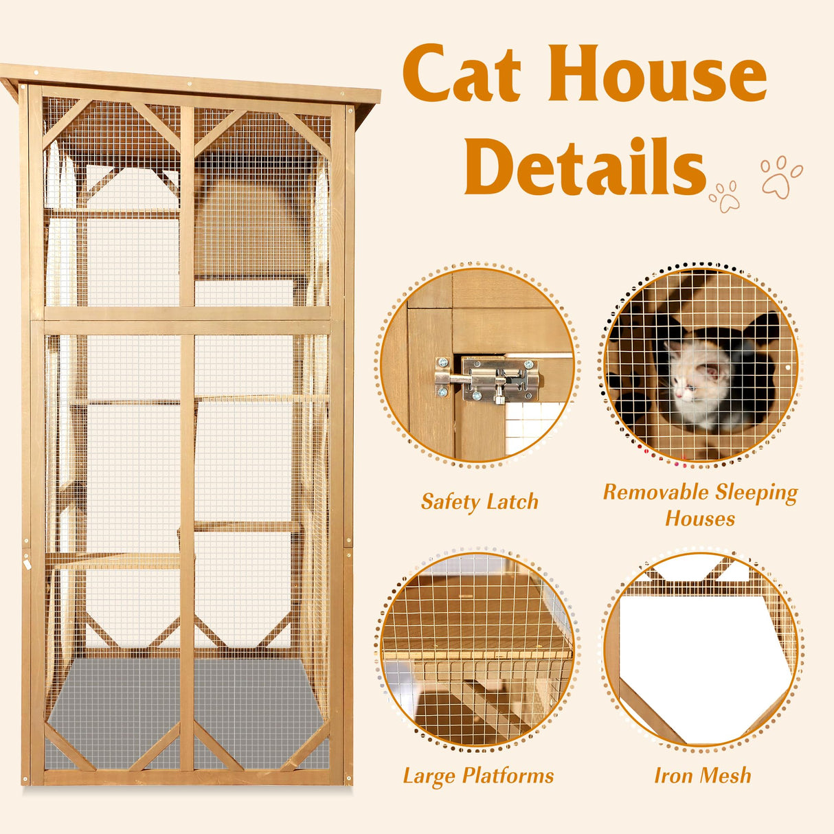 Grepatio Catio Outdoor Cat Enclosure, Large Outdoor Cats Kitten Enclosures with Weatherproof, Indoor Wood Catio House with 5 Platform and 1 Removable Cat Litter Box (Natural) Grepatio