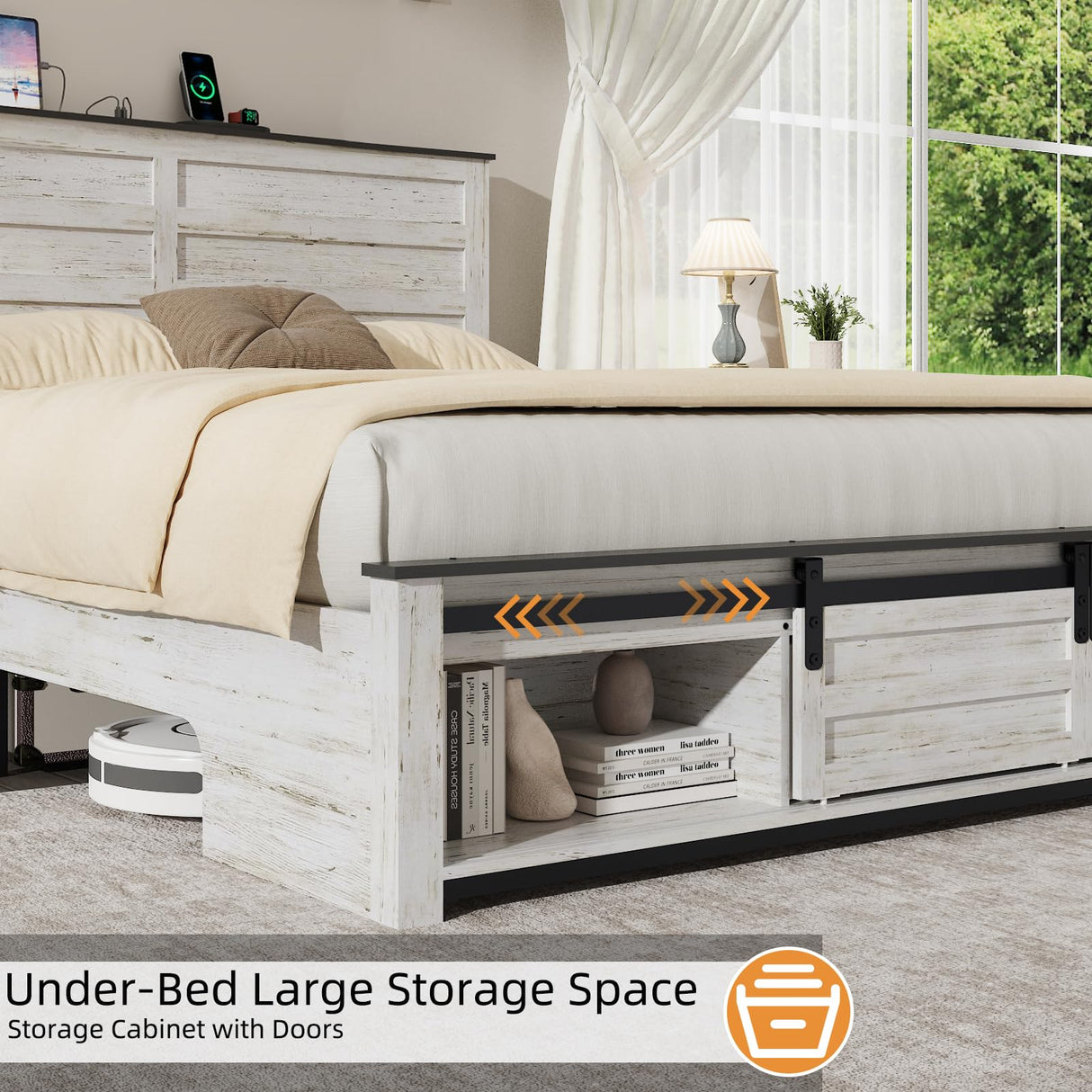 Wooden Full Size Bed Frame with Headboard – Boho White Rustic Farmhouse Storage Platform Bed with Charging Station & Sliding Barn Door Footboard, No Box Spring Needed, Noise-Free, Solid Wood Slats QNICE