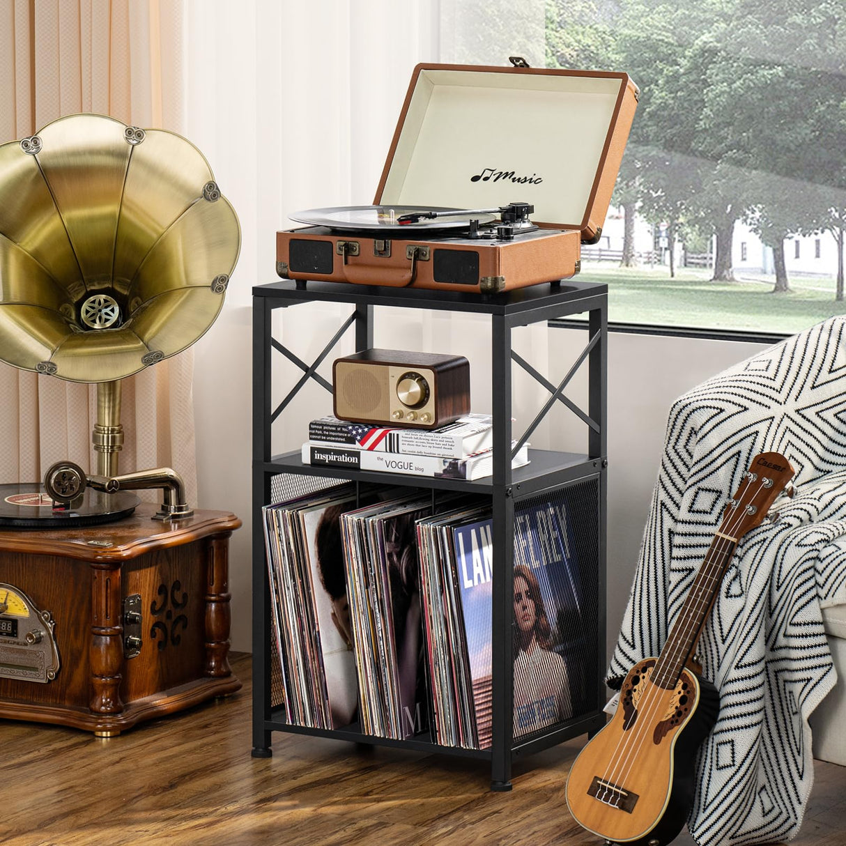 LELELINKY 3 Tier End Table, Side Table with Display Shelf, Black Vinyl Record Player Stand with Albums Storage, Industrial Sofa Bedside Table Night Stand for Living Room Bedroom Small Spaces LELELINKY