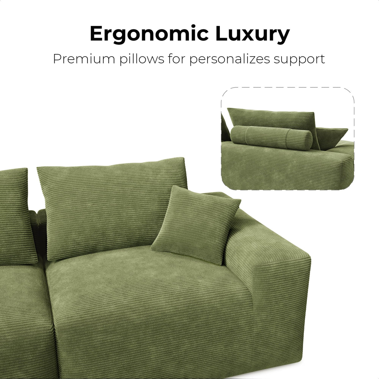 LIKIMIO 120" Boneless Couch for Living Room, Deep Seat Comfy Sectional Cloud Couch Sofa with Chaise, L-Shaped Modular Modern Sofa, No Assembly Required, Corduroy Upholstery Green LIKIMIO