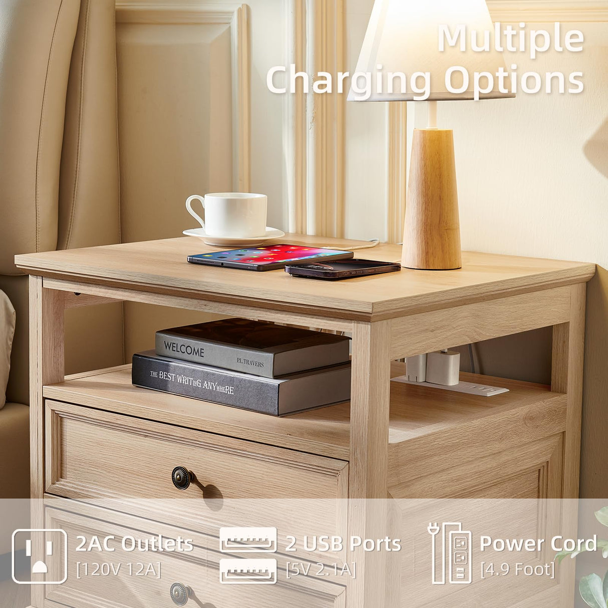 Joaxswe Farmhouse Nightstand with Charging Station, 24" Wide End Table with 2 Drawers, Natural Dresser for Bedroom, Bed Side Table Chest of Drawers Cabinet,Wood Night Stand for Living Room, Closet Joaxswe