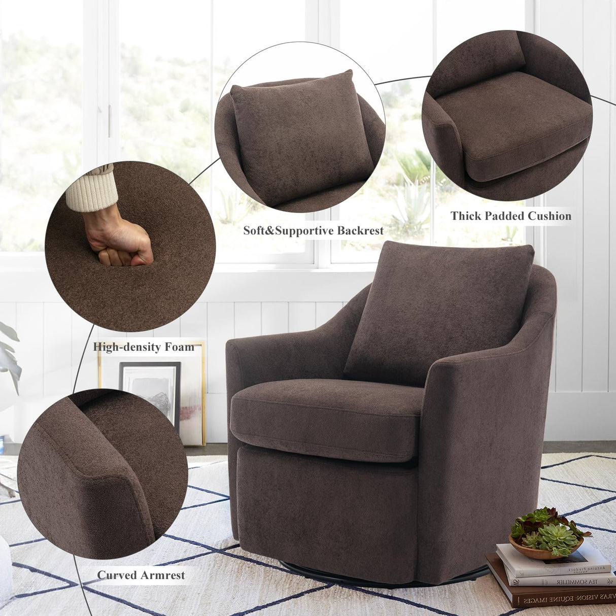 COLAMY Swivel Accent Chair Armchair, Upholstered Round Barrel Chair, 360° Swivel Chair, Morden Arm Chair for Living Room/Nursery/Bedroom-Coffee COLAMY