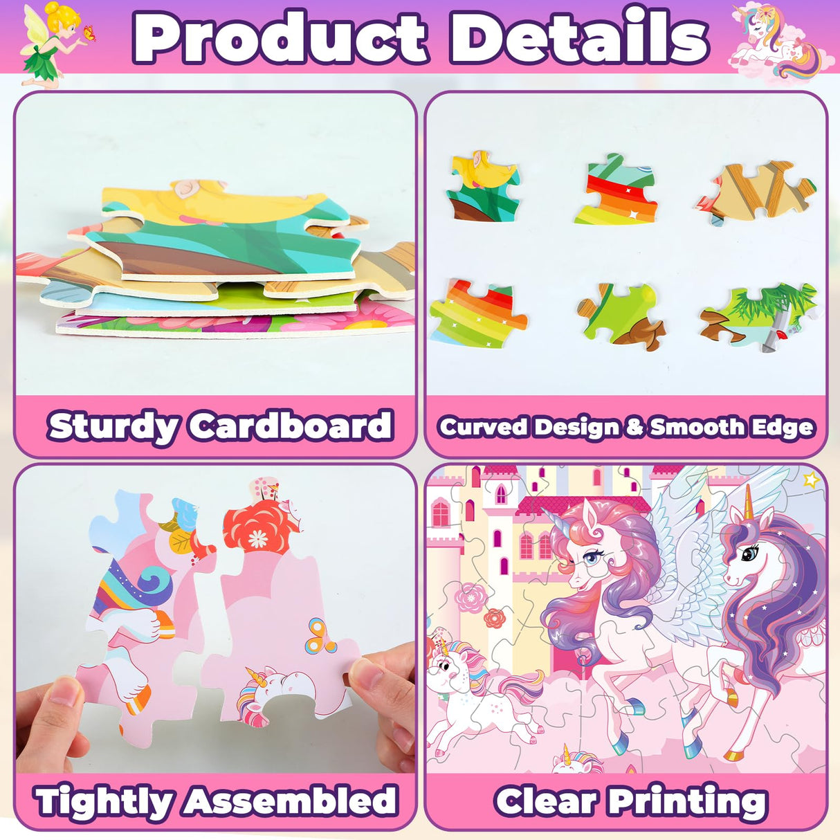 71Pcs Unicorn Fairy Jigsaw Puzzles for Girls Ages 3-5 Fairy Double Sided Puzzle for Kids Rainbow Castle Round Floor Puzzles Xmas Party Supplies Preschool Brain Teaser Educational Toys ZOIIWA