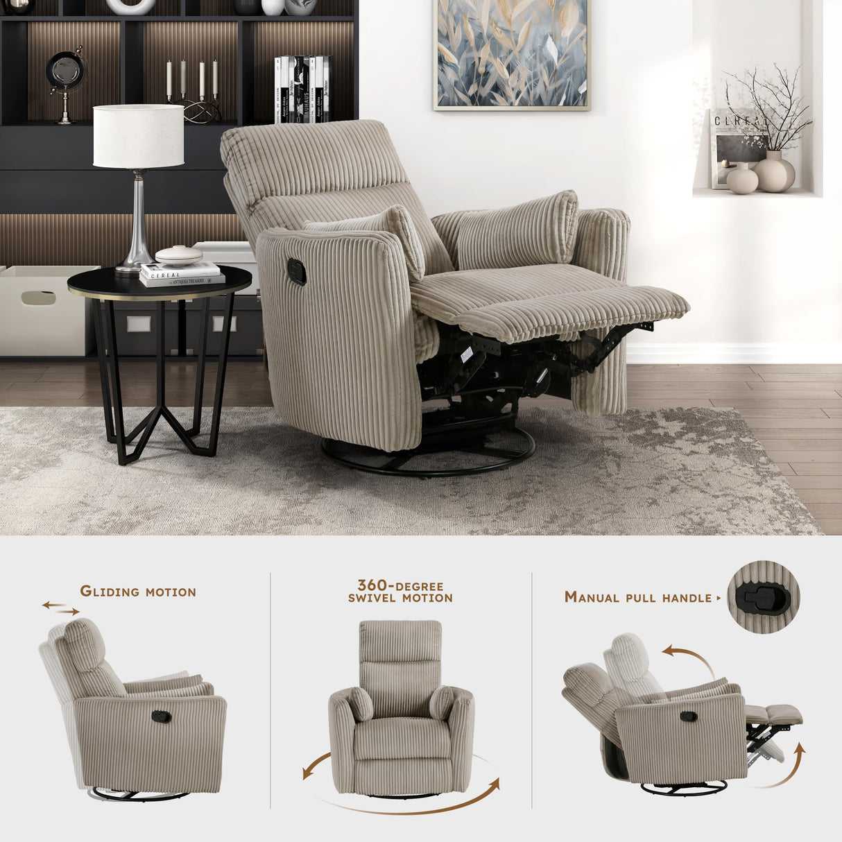 Lexicon Modern Swivel Glider Recliner Chair, Nursery Glider, Corduroy Fabric Upholstery Recliner with 2 Lumbar Pillows, Manual Reclining Sofa Chair for Living Room/Office/Apartment, Taupe Lexicon