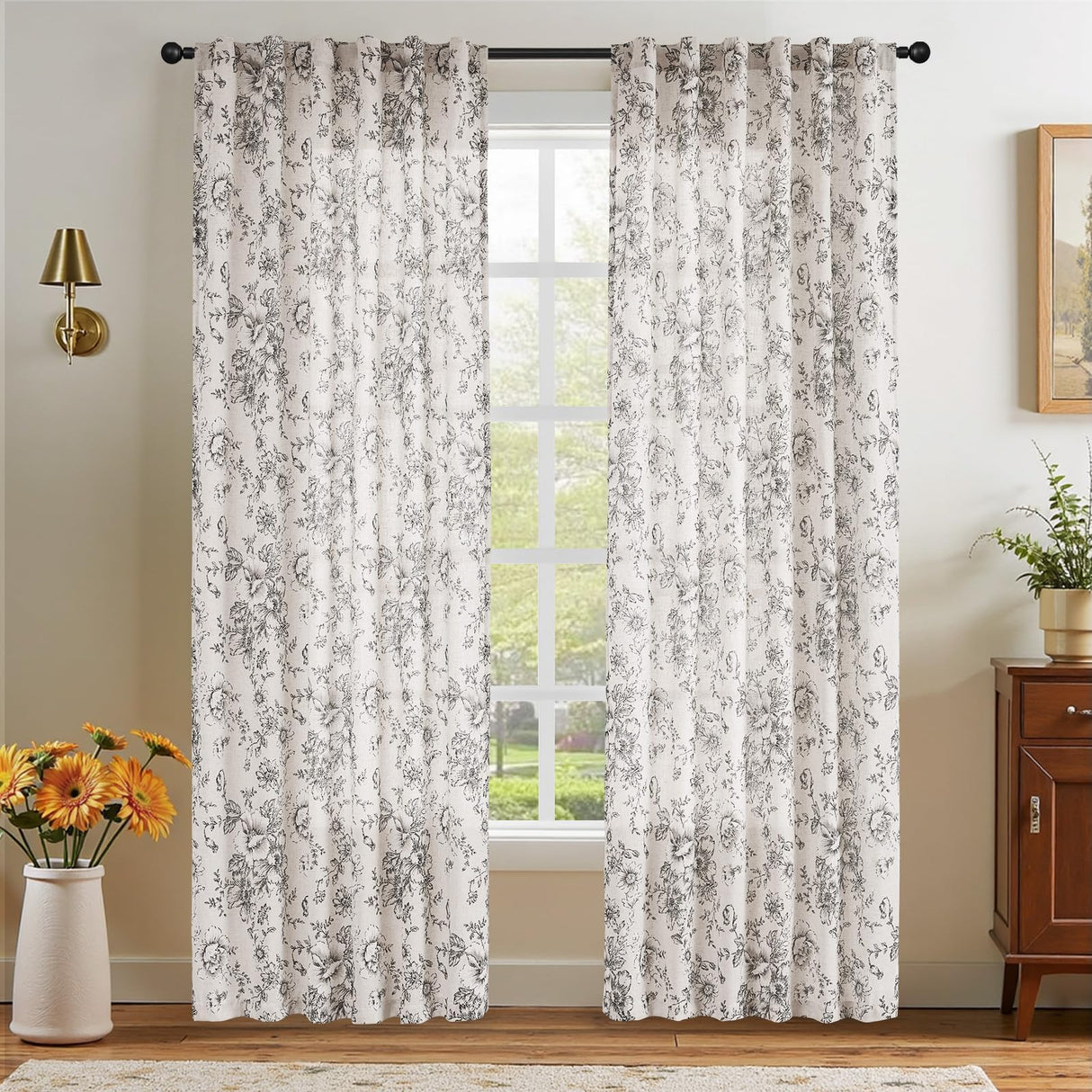 jinchan Linen Blend Curtain Floral Curtains for Living Room 84 Inch Length Black Printed Curtain Rod Pocket Back Tab Farmhouse Peony Flower Patterned Drapes Bedroom Window Curtains Set 2 Panels jinchan