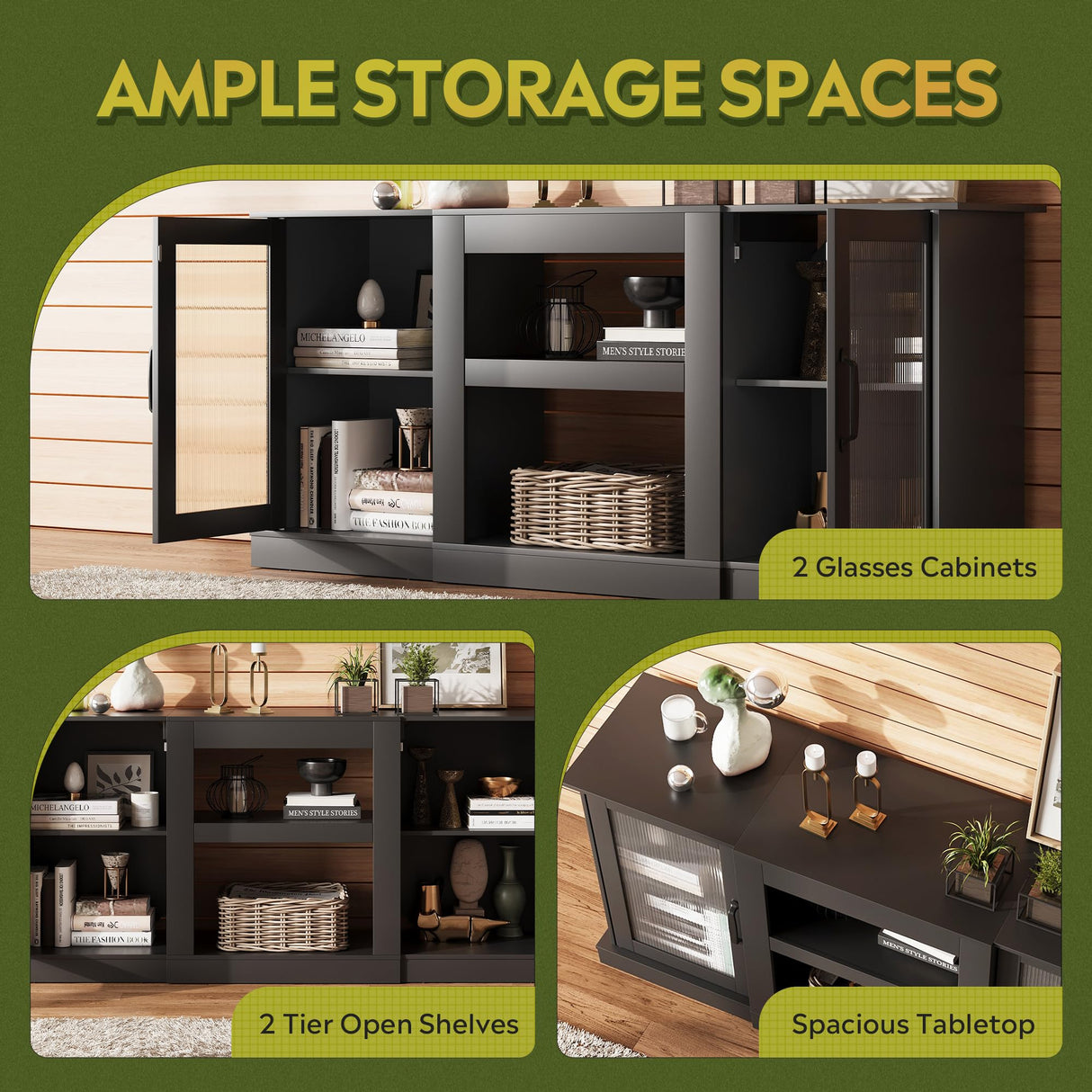 WLIVE Retro TV Stand for 65 inch TV, TV Console Cabinet with Storage, Open Shelves Entertainment Center for Living Room and Bedroom, Black WLIVE