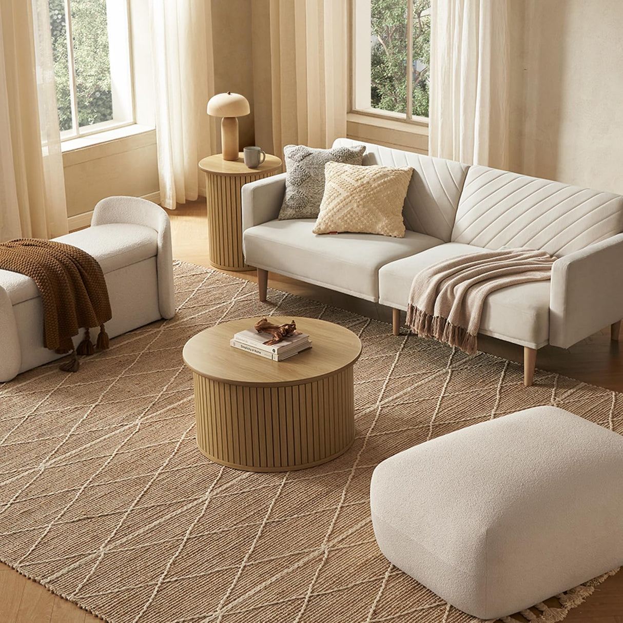 mopio Quin Tambour Round Circle Coffee Table with Storage, Drum Accent, Mid Century Modern, Wood, Fluted Center, Tea Table with Removable Lid, Living Room (Light Oak) mopio