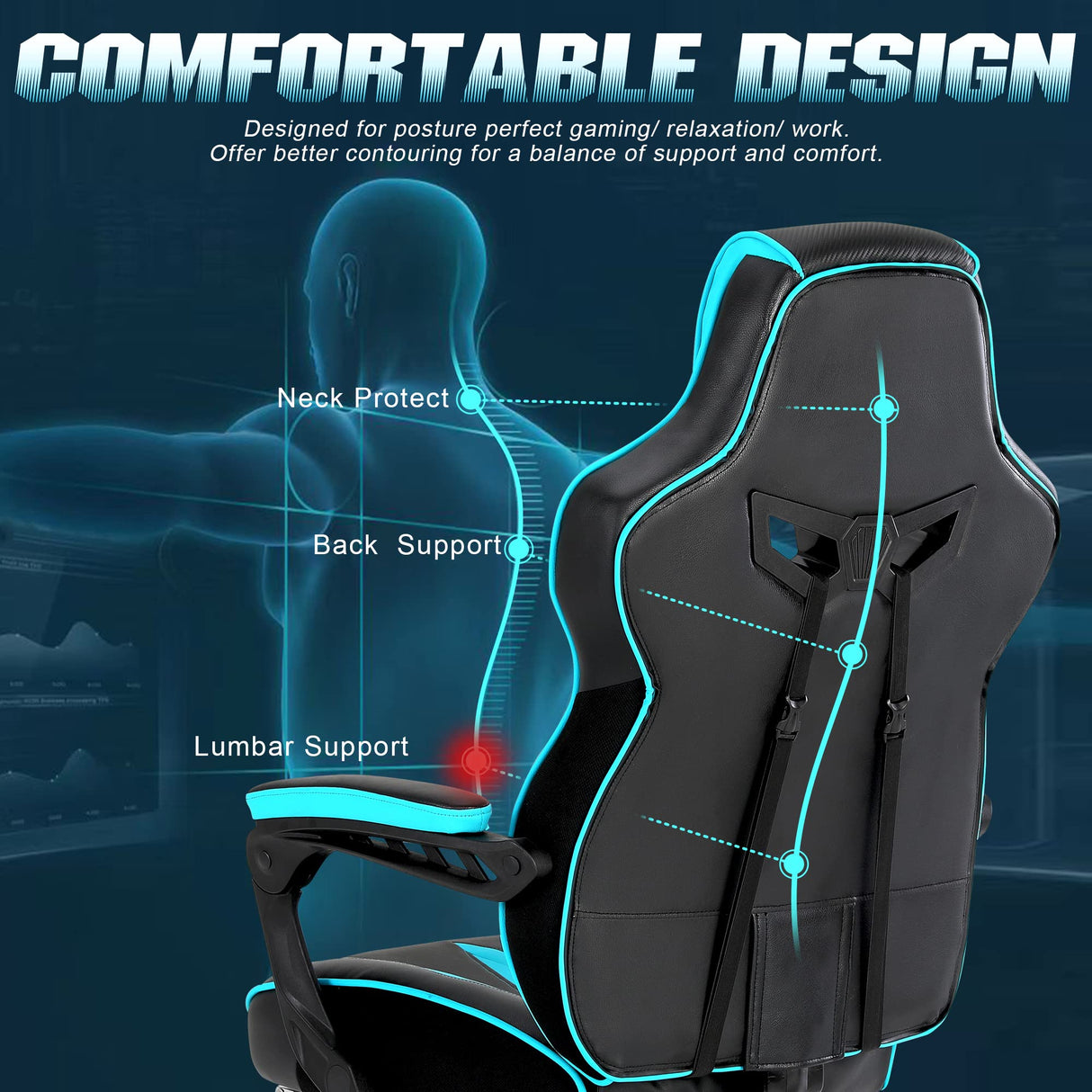 Vonesse Gaming Chair for Adults Gaming Chairs with Footrest Reclining Computer Gaming Chair for Heavy People Gamer Chair Big and Tall Ergonomic Game Chair Racing Chair with Lumbar Pillow(Teal/Cyan) Vonesse