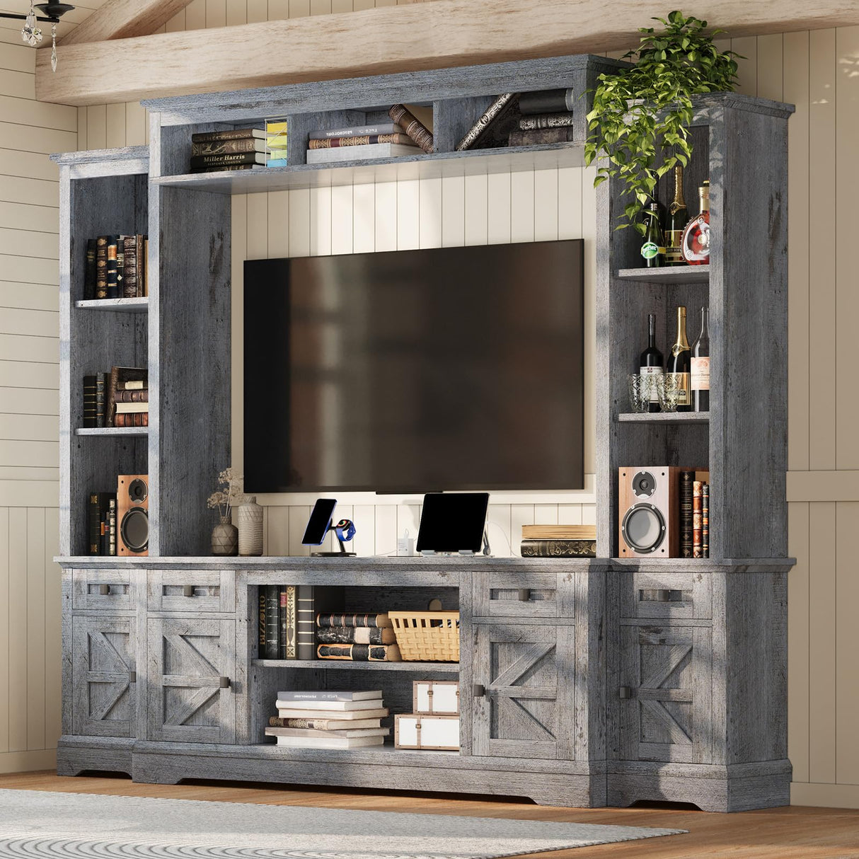 AMERLIFE 98" Farmhouse Entertainment Center Wall Unit with Bookshelves, Wine Cabinet, Fits 78" TVs, Large TV Stand with Power Outlets & Barn Door, Rustic Media Console for Living Room, Gray AMERLIFE