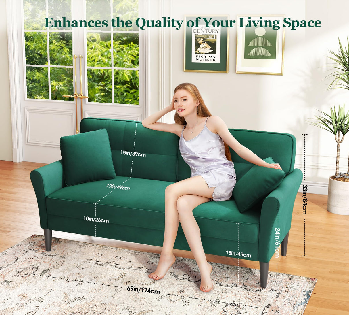 69" Small Sofa, Soft Small Couch with 2 Pillows, Comfy Love Seat Couches, Tool-Free Setup Loveseat Sofa, 700lb Load Sofas for Living Room, Cozy Couches for Living Room, Mini Couch for Bedroom, Green Kidirect