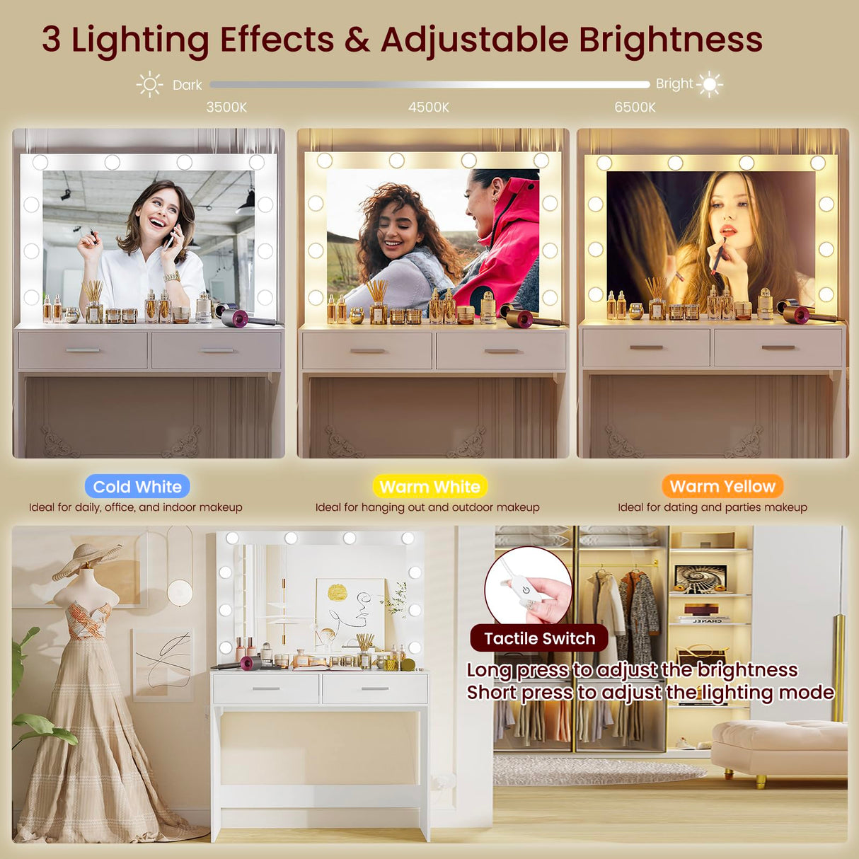 FIONESO Vanity Desk with Large Mirror, Makeup Vanity Table with Power Strip, 10 Lights & 2 Drawers, Dressing Table Set with 3 Lighting Color Adjustable for Women and Girls, Bedroom, White FIONESO