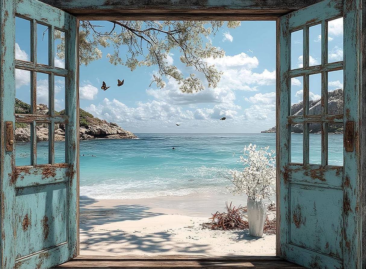 DAZZLEDOTS Diamond Art Kits for Adults, Window Beach Diamond Painting 5D Seaside Diamond Art Kits for Beginners DIY Full Drill Paint by Diamonds Dot Ocean Gem Art for Home Wall Decor 16 x 12 Inch DAZZLEDOTS