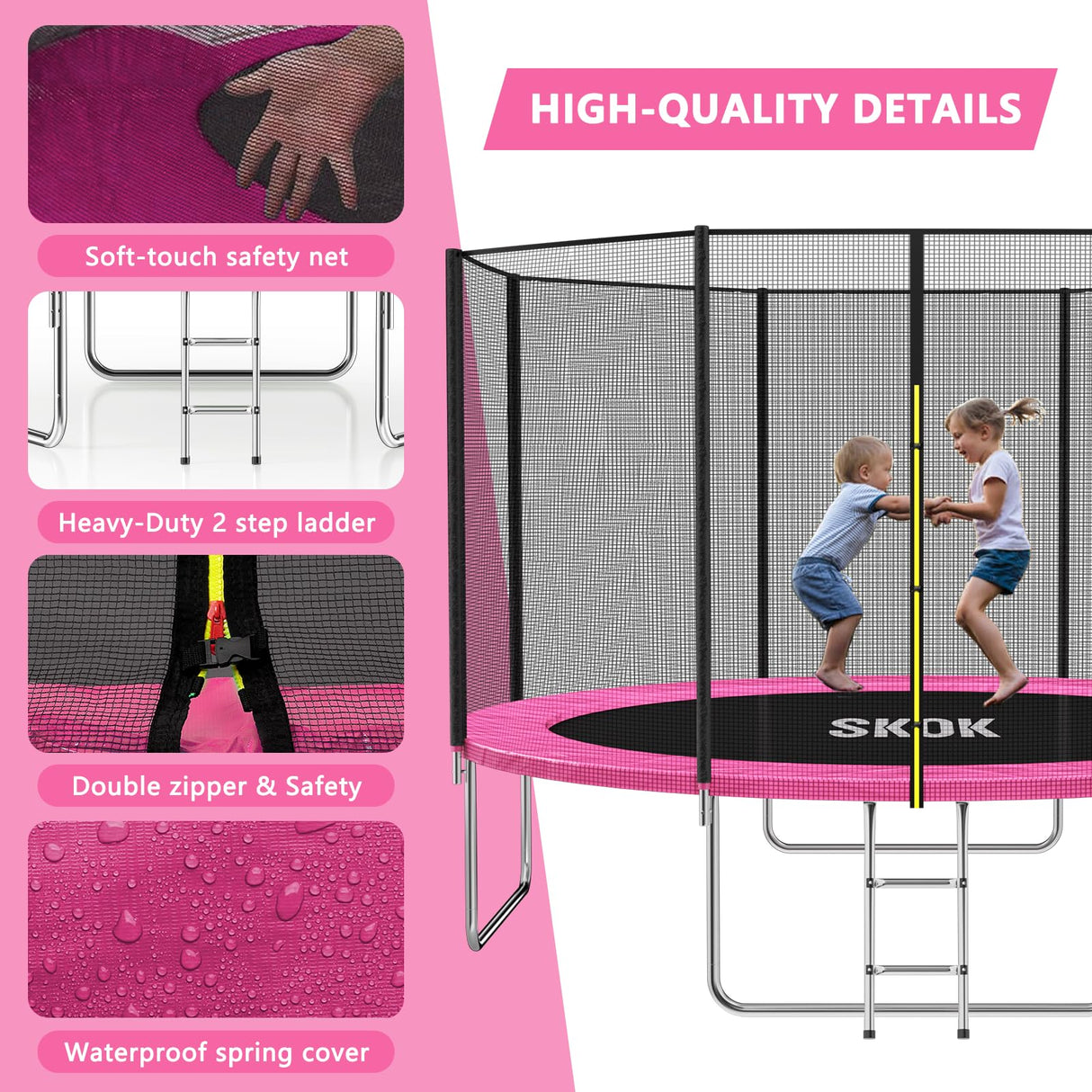 SKOK Trampoline 12FT Trampolines with Enclosure Net, 400LBS Outdoor Trampolines for Kids -ASTM Approved Pink Trampoline for Children and Adults with Jump Mat,Cover & Ladder SKOK