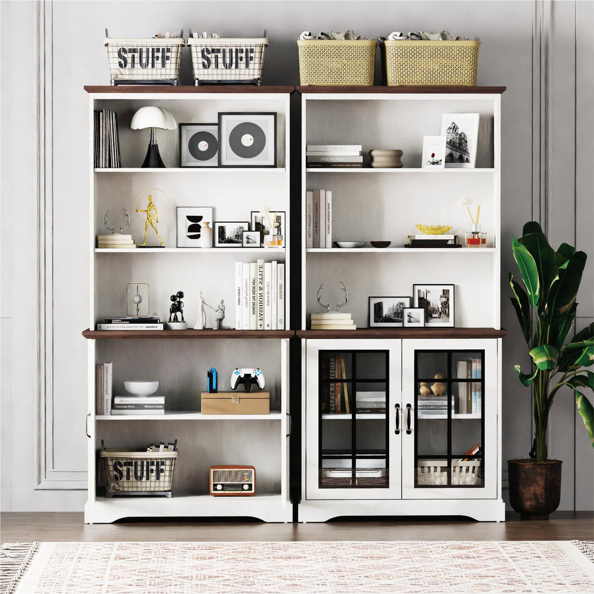 5-Shelf Tall Bookcase with Glass Doors in White - Stylish and Spacious Storage for Home or Office blini