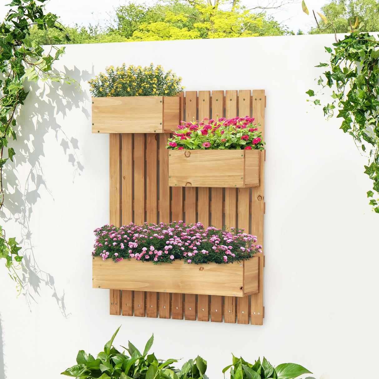Toolsempire Hanging Plant Trellis Outdoor, Wooden Trellis with Raised Garden Beds, Wall Mounted Garden Planter Trellis for Patio, Porch, Balcony & Front Door Toolsempire