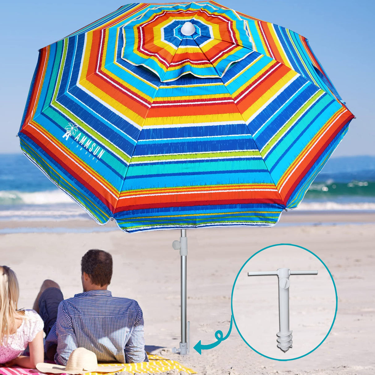 AMMSUN Beach Umbrellas for Sand Heavy Duty Wind Portable, 6.5ft Outdoor Umbrella with Sand Anchor and UV Protection, Parasols Includes Carry Bag for Beach, Patio, and Garden, Yellow Stripes AMMSUN
