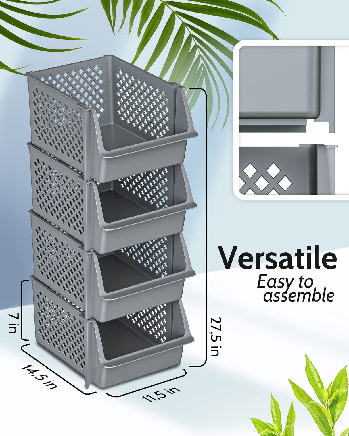 TidyFriend Stackable Storage Bins for Closet Organizers and Storage 4 Pack, Garage Storage Bin Stackable, Bathroom and Garage Organizer (Grey) Skywin