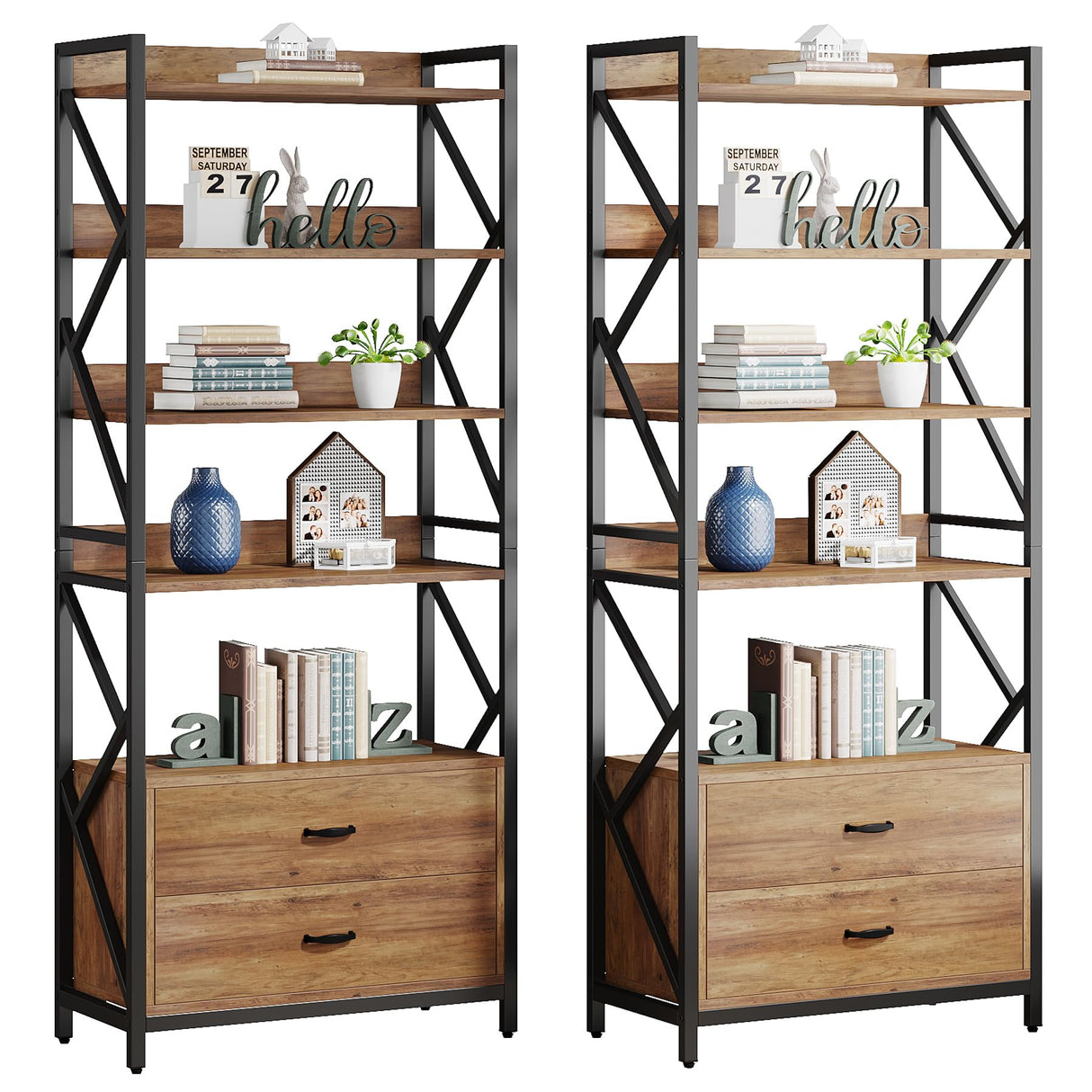 Tribesigns 70.8" Rustic Brown Industrial Bookshelf with Drawers and Open Shelves Tribesigns