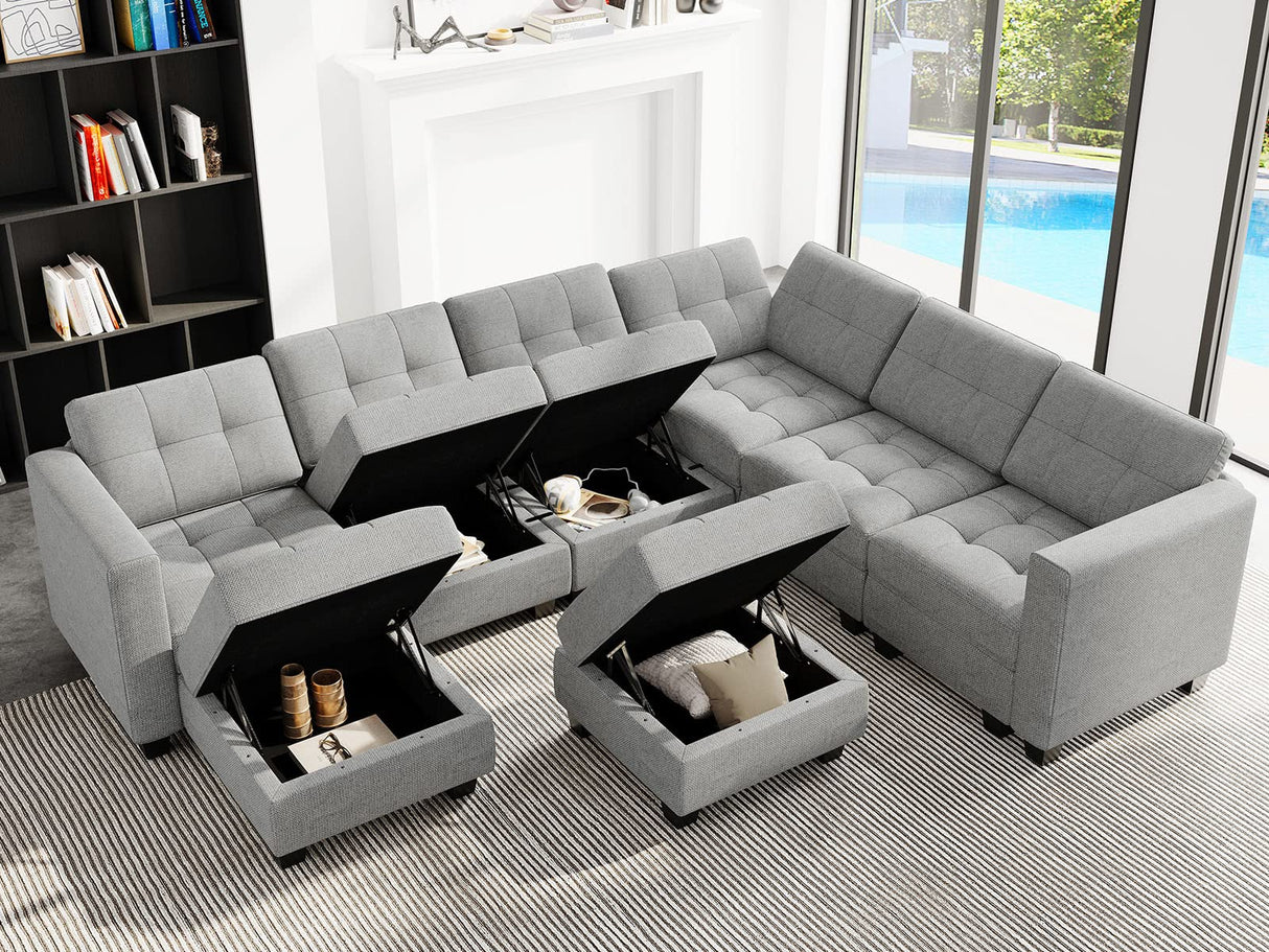 Belffin Modular Sectional Sofa with Storage Ottoman Oversized U Shaped Sofa Set Modular Sofa with Reversible Chaises Modern Fabric Light Grey Belffin