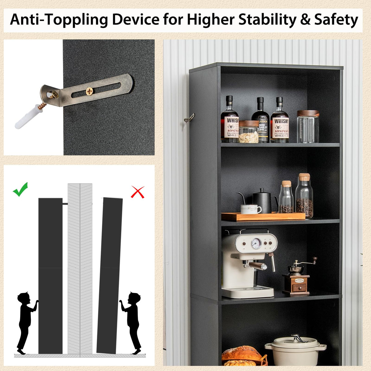 IFANNY 74" Tall Bookcase, Freestanding Bookshelf w/ 4 Open Shelves & 2 Drawers, Modern Display Shelf with Anti-Toppling Device, Wooden Book Shelf for Bedroom, Study, Living Room, Office (Black, 74''H) IFANNY