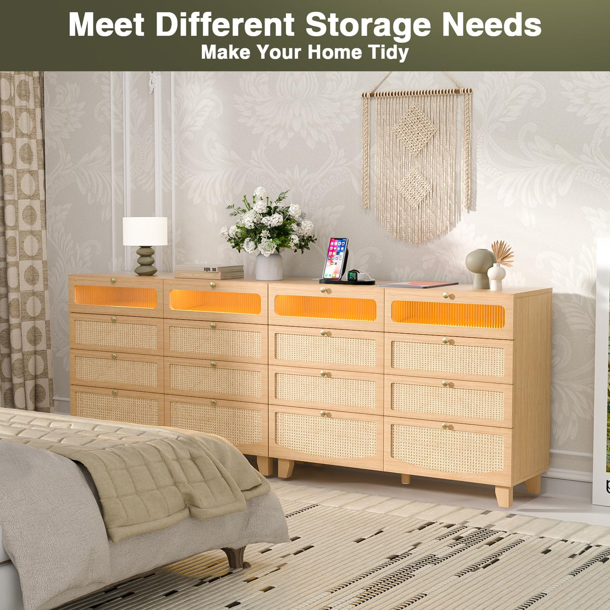 HPWLYO Rattan Dresser for Bedroom with LED Light, 4 Drawer Tall Rattan Dressers with Charging Station, Dressers Chests of Drawers,Bedroom Closet Dresser for Bedroom, Hallway,Entryway HPWLYO