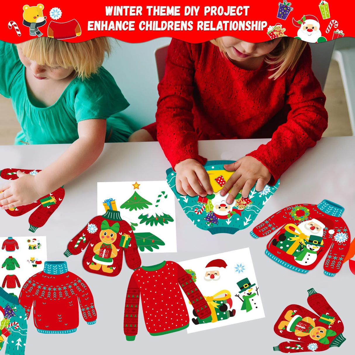 32 Sets Christmas DIY Art Craft Kits Christmas Ugly Sweaters Ornaments Art Sets Christmas Winter Stickers Arts and Crafts Bulk for Kids Snow Holiday Xmas Theme Classroom Activities Party Decorations Qyeahkj