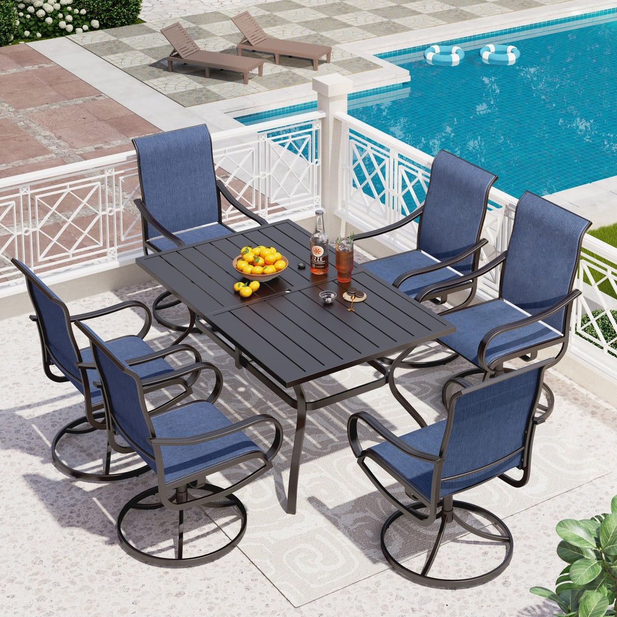 PHI VILLA 7 Piece Outdoor Patio Dining Set, Large Metal Table (1.57'' Umbrella Hole) and 6 Swivel Dining Chairs with Textilene Mesh Fabric, All Weather Patio Furniture Set for Deck Lawn Garden (Blue) PHI VILLA