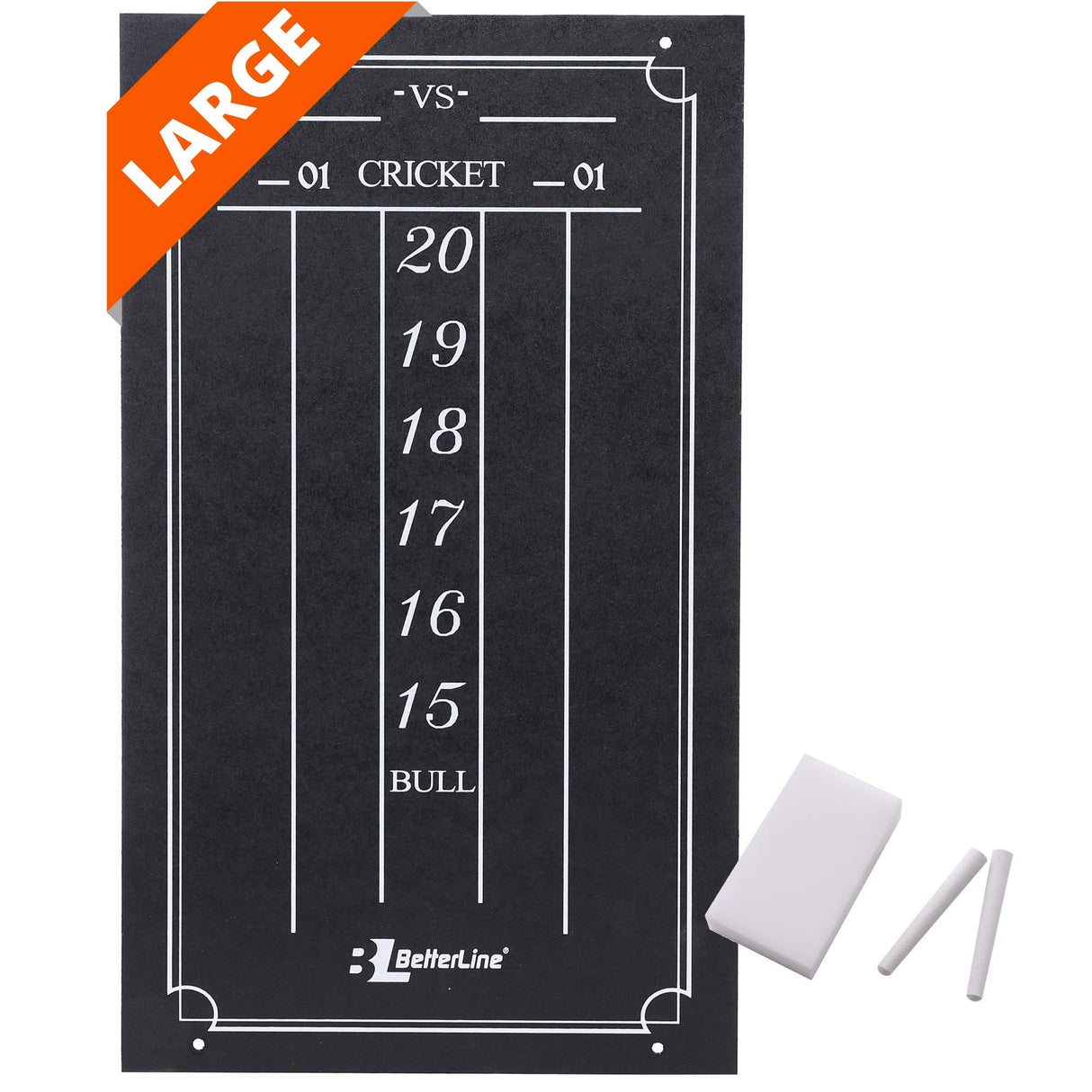 BETTERLINE Large Professional Scoreboard Chalkboard for Cricket and 01 Darts Games - 15.5" x 9" Inch (39.3 x 22.9 cm) - Black Board - Eraser and 2 Chalk Pieces Included BETTERLINE