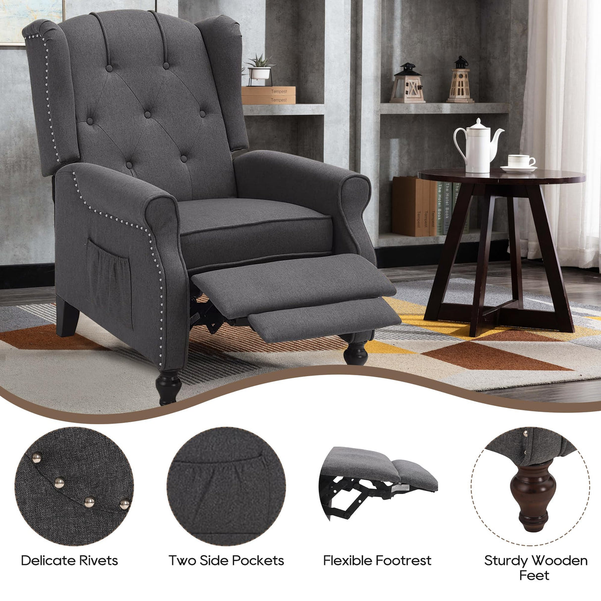 Consofa Wingback Recliner Chair with Massage and Heat, Wingback Recliner Tufted Fabric Push Back Recliner Chair for Living Room, Vintage Wingback Chair with Remote Control, Padded Cushion, Wooden Legs Consofa