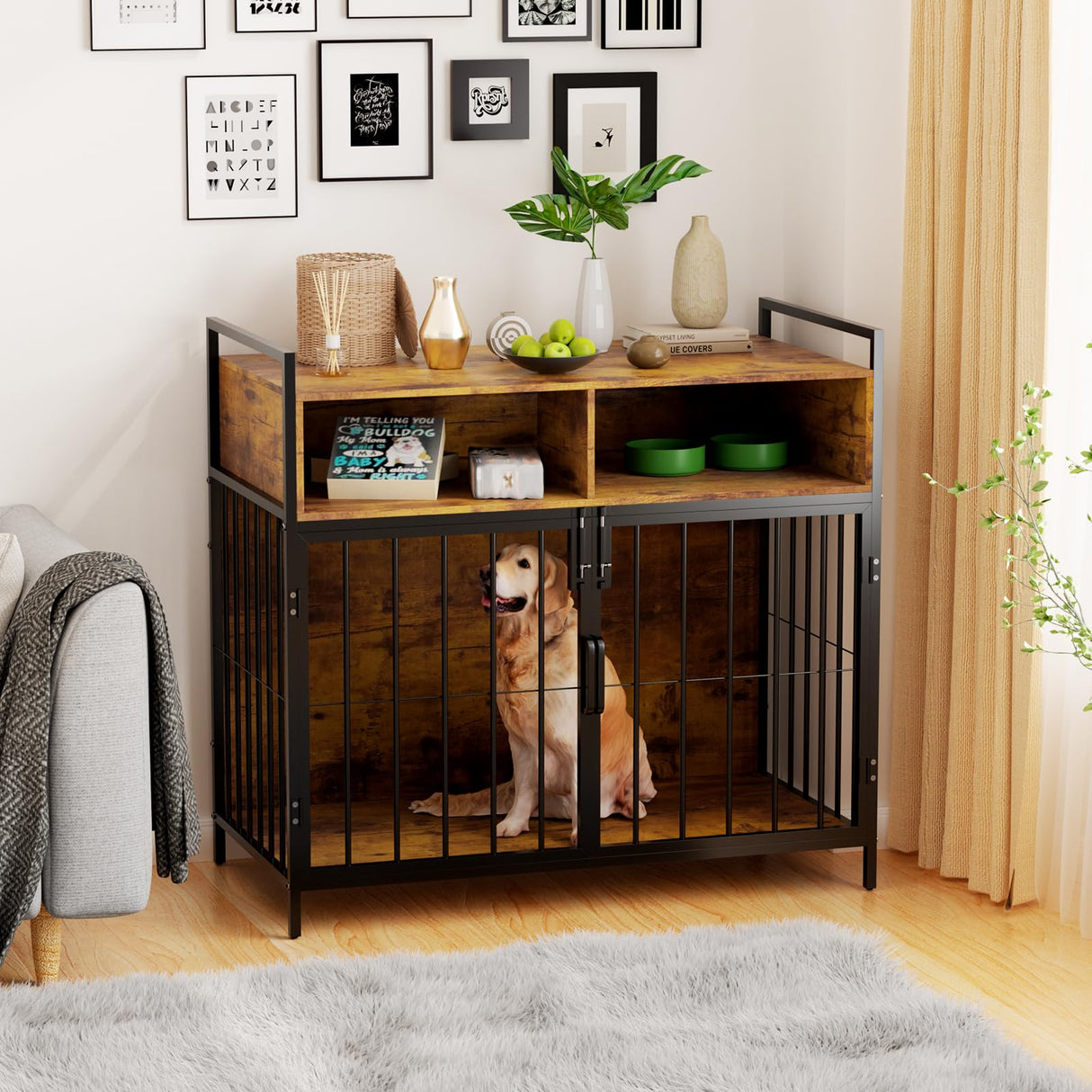 aboxoo Large Dogs Crate 40/32 Inches Furniture-Style Cages,Large Medium Dog Kennels Indoor,Wood Dog Crate Table with Drawers Storage,Heavy Duty Dog Crate(Rustic Brown) aboxoo