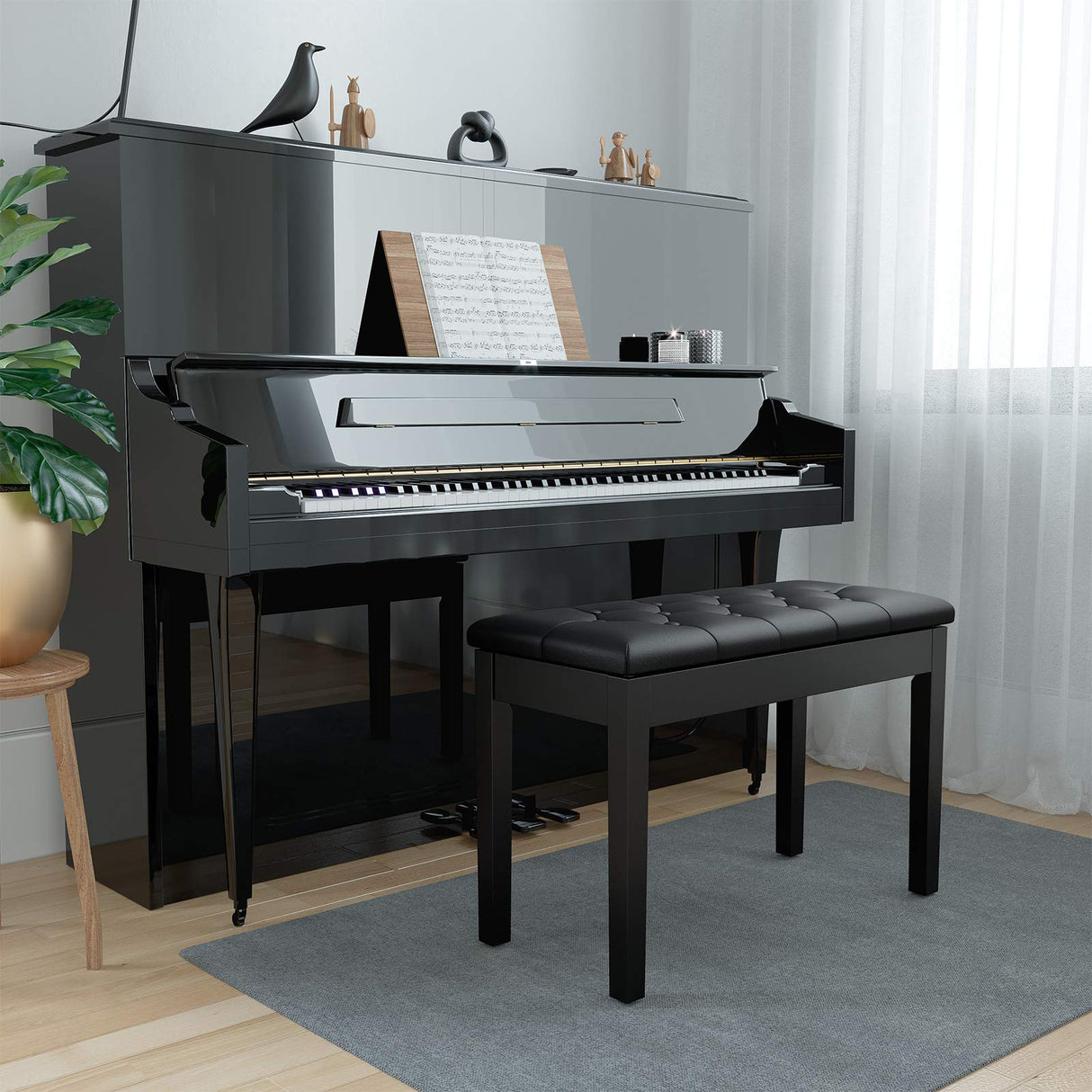 SONGMICS Duet Piano Bench with Padded Cushion and Storage Compartment for Music Books, Tufted Wooden Seat, Black ULPB074B01 SONGMICS
