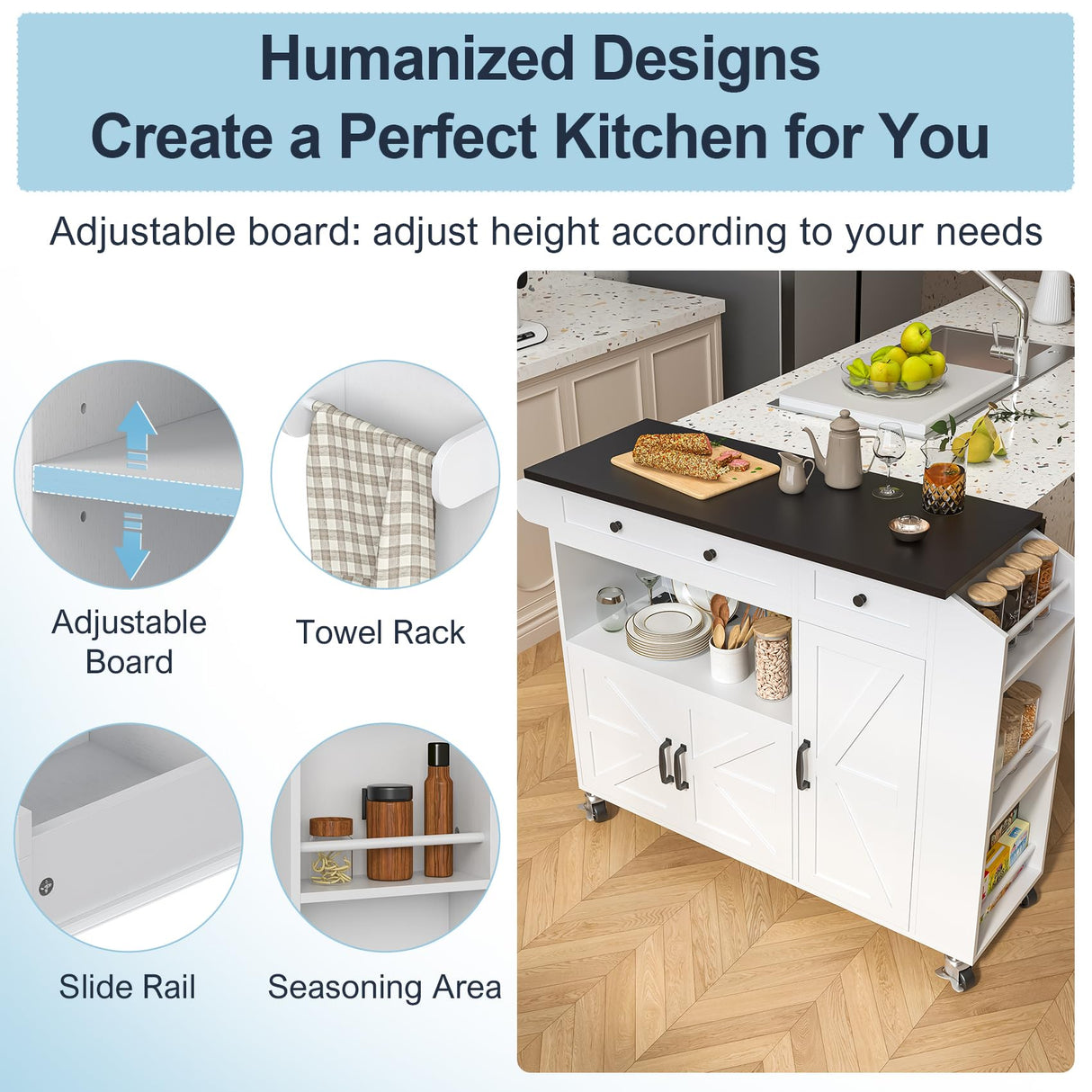 Kitchen Island with Drop Leaf, Rolling kitchen island with power outlet and Led Light, Kitchen Island with Storage Cabinet, Spice Rack, Drawer, Towel Rack, kitchen island on wheels for Dinning Room Aufvolr