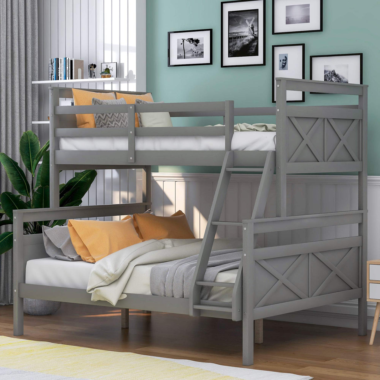 Majnesvon Grey Twin Over Full Bunk Bed Frame with Ladder and Guardrail, Convertible to Two Beds Majnesvon