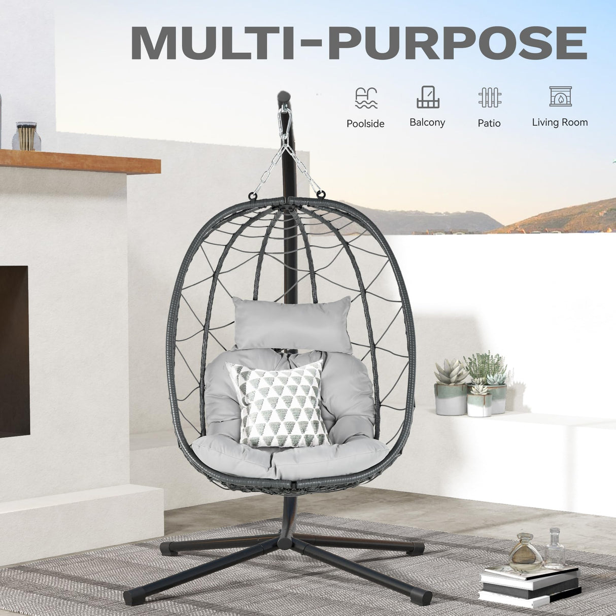 DWVO Egg Hanging Swing Chair with Stand Egg Chair Wicker Egg Chair with Cushions 330lbs for Patio, Bedroom, Garden and Balcony, Gray DWVO