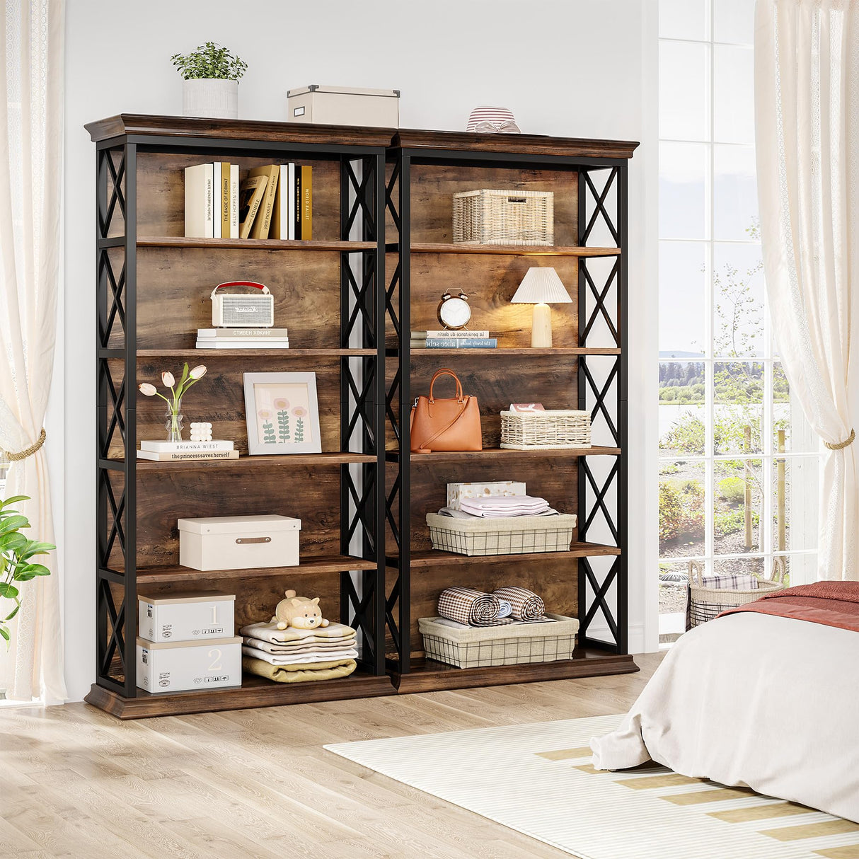 Tribesigns 6-Tier Industrial Bookshelf – 71 Inch Tall Bookcase with X Pattern Accents in Brown and Black Tribesigns