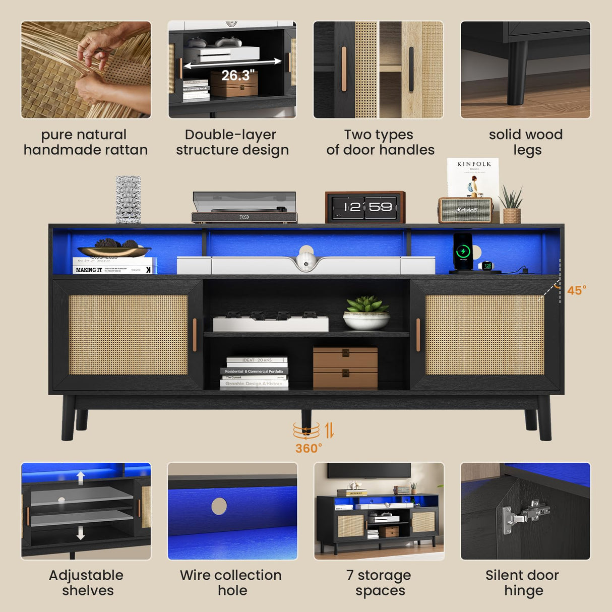 UPOSOJA TV Stand for 75 Inch TV Rattan TV Cabinet with Adjustable Shelf Storage, Modern LED Entertainment Center, Boho Media TV Console, Media TV Stands for Living Room Bedroom (Black) UPOSOJA